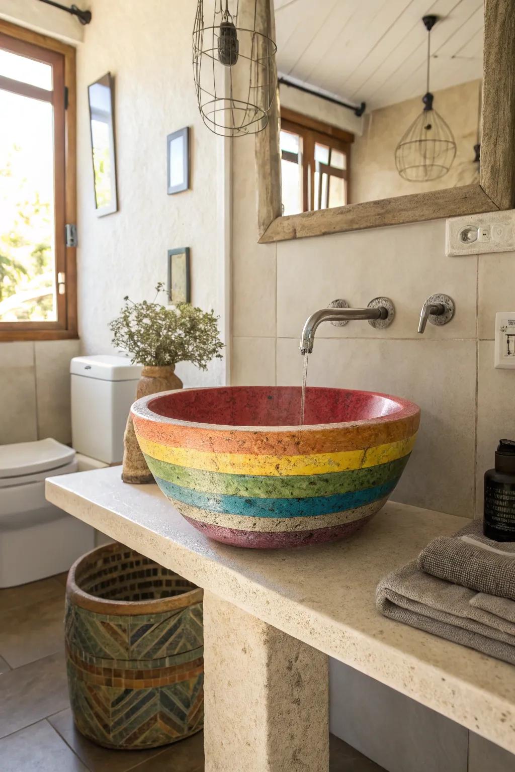 Colorful concrete sink adds personality to the bathroom.