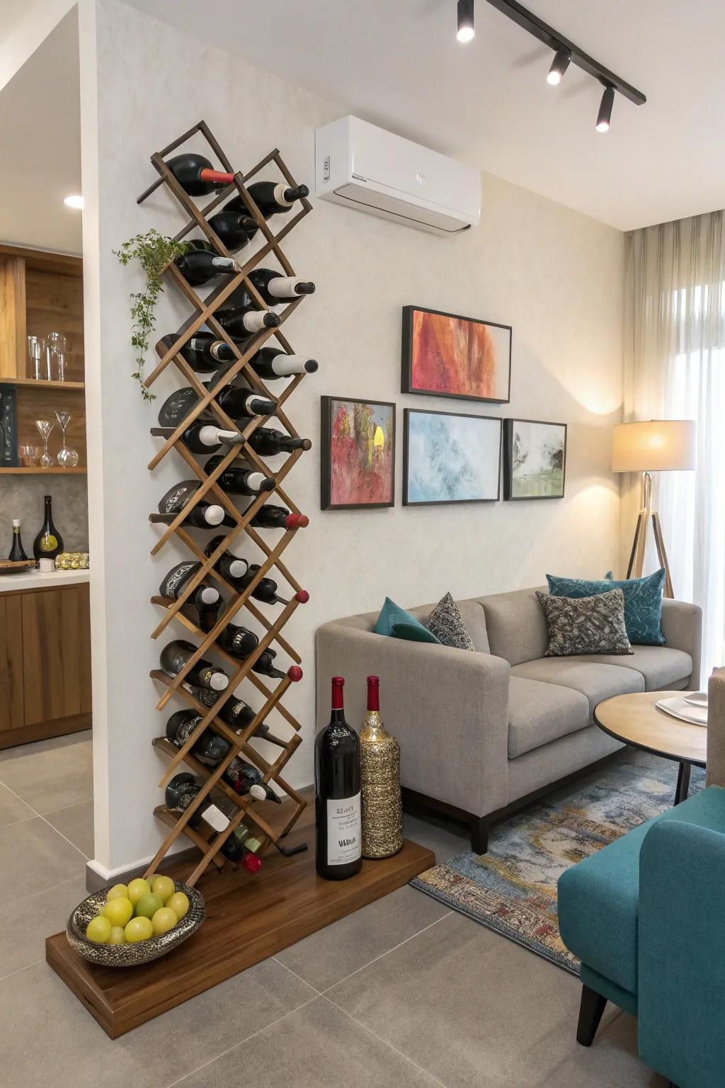 Artistic wine racks add flair and function.