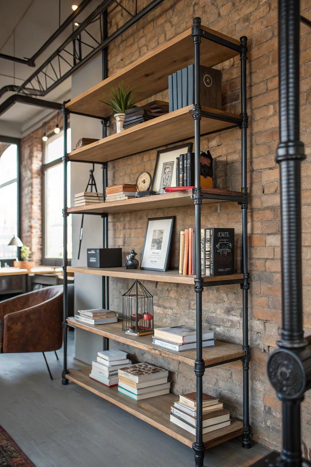 Industrial pipe shelves offer a unique, urban look.