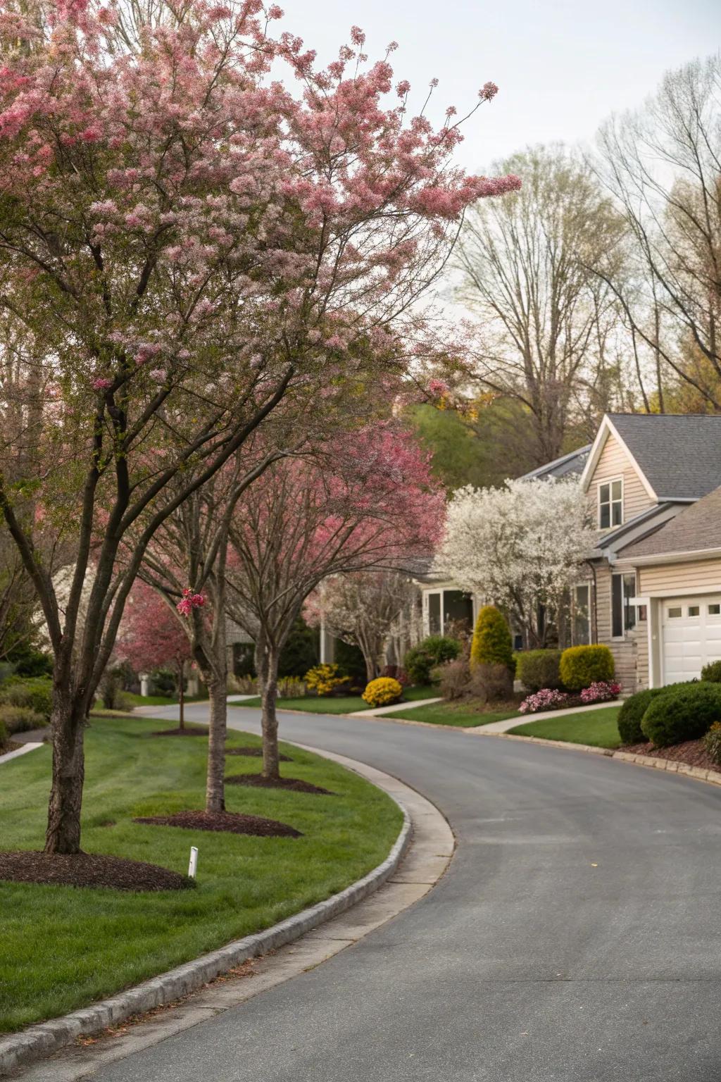 Decorative trees adding verticality and seasonal allure to a driveway.