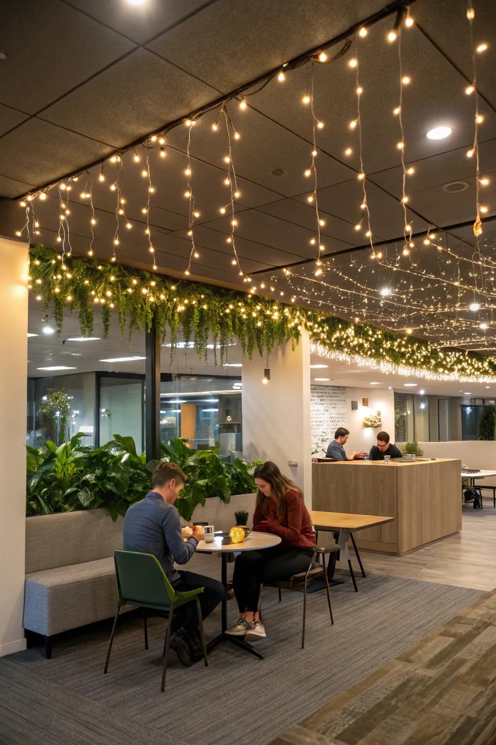 Fairy lights create a magical canopy in the office.