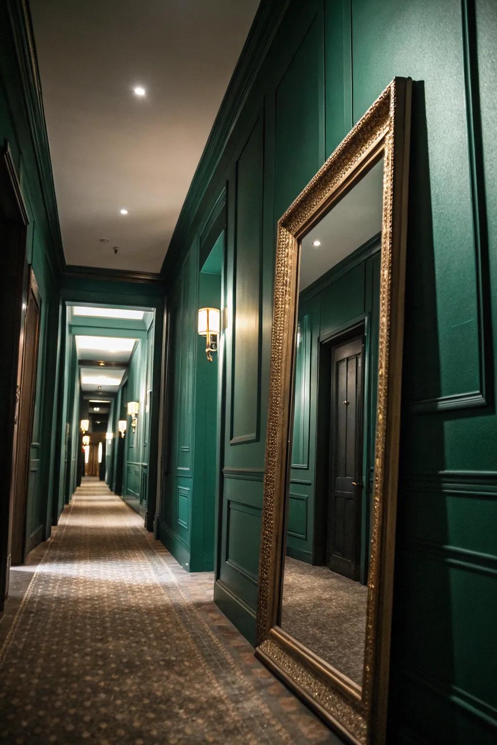 A reflective surface enhances illumination, brightening the forest green hallway.