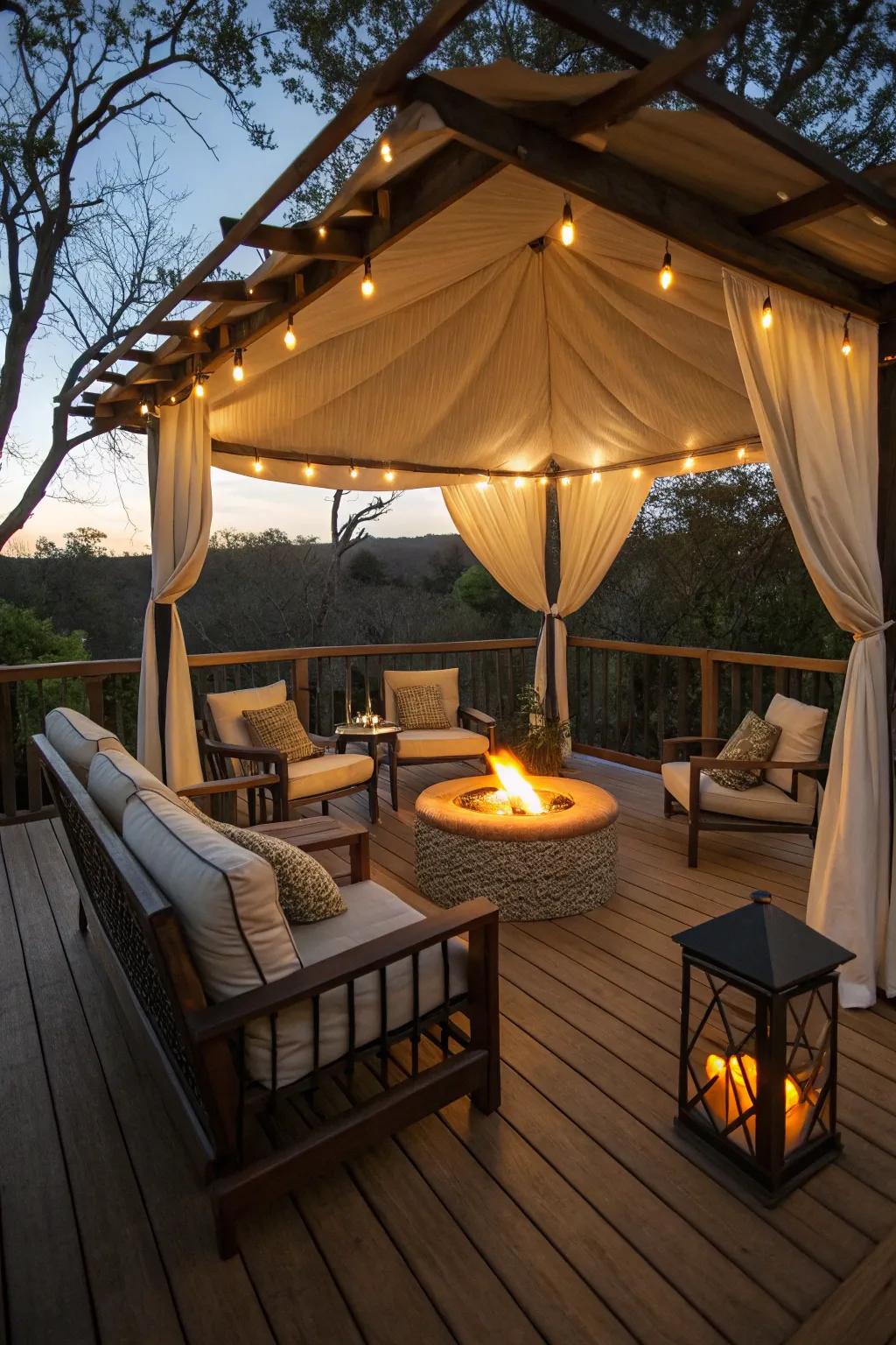 A fire pit under a canopy provides warmth and ambiance for cool nights.