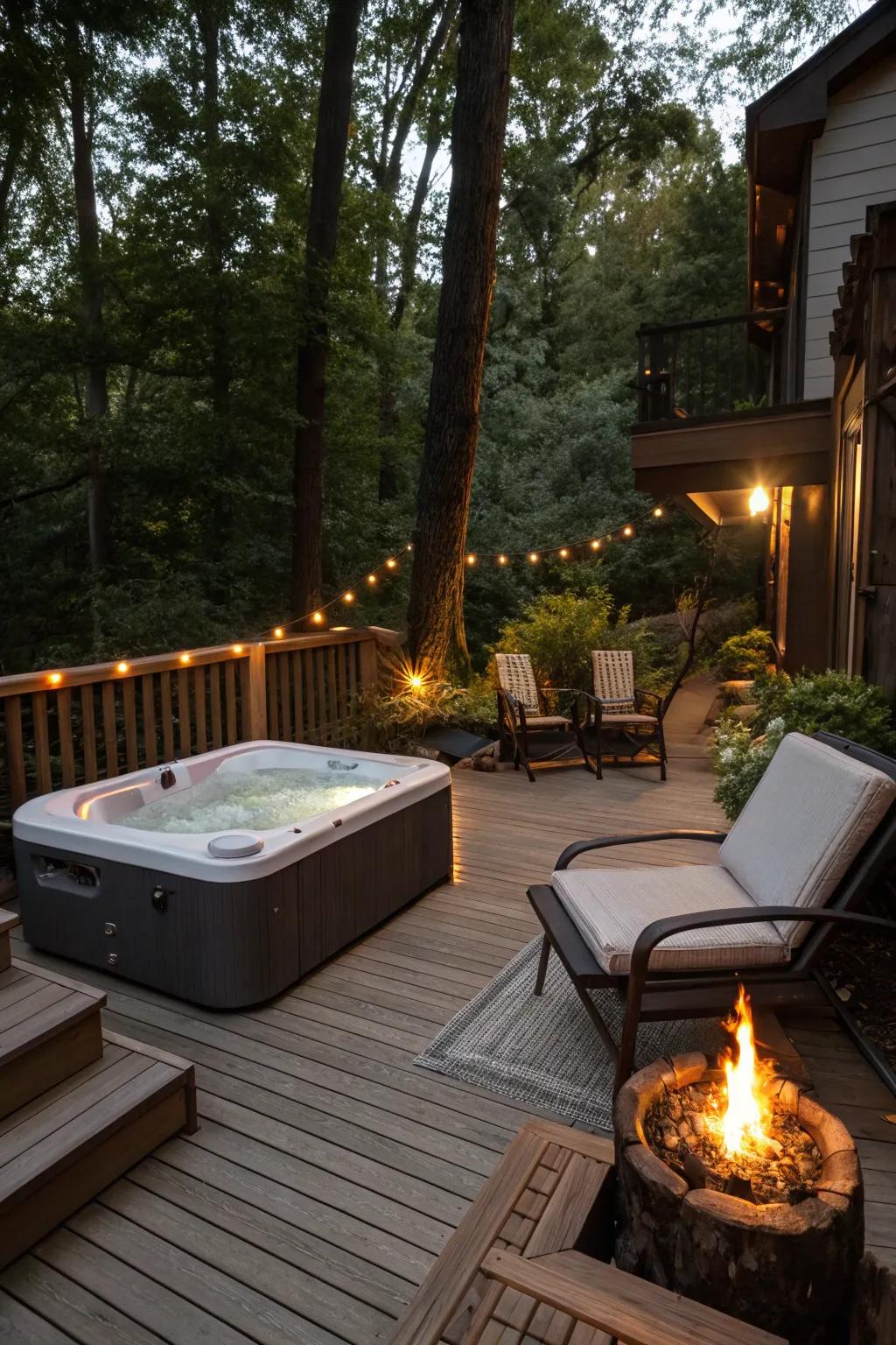 A fire pit adds warmth and ambiance to the hot tub deck.