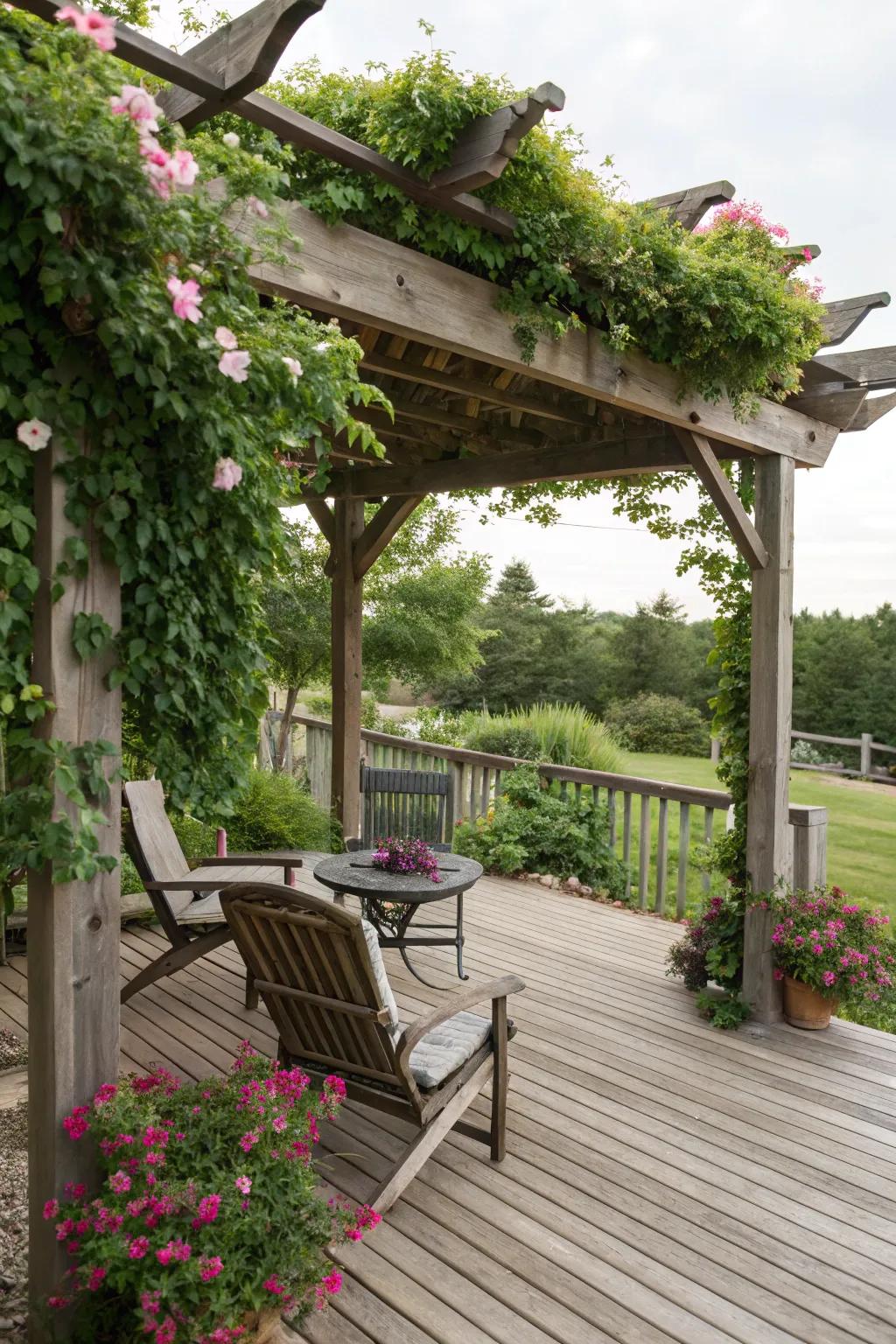 A pergola adorned with verdure provides shade and an element of nature to this deck.