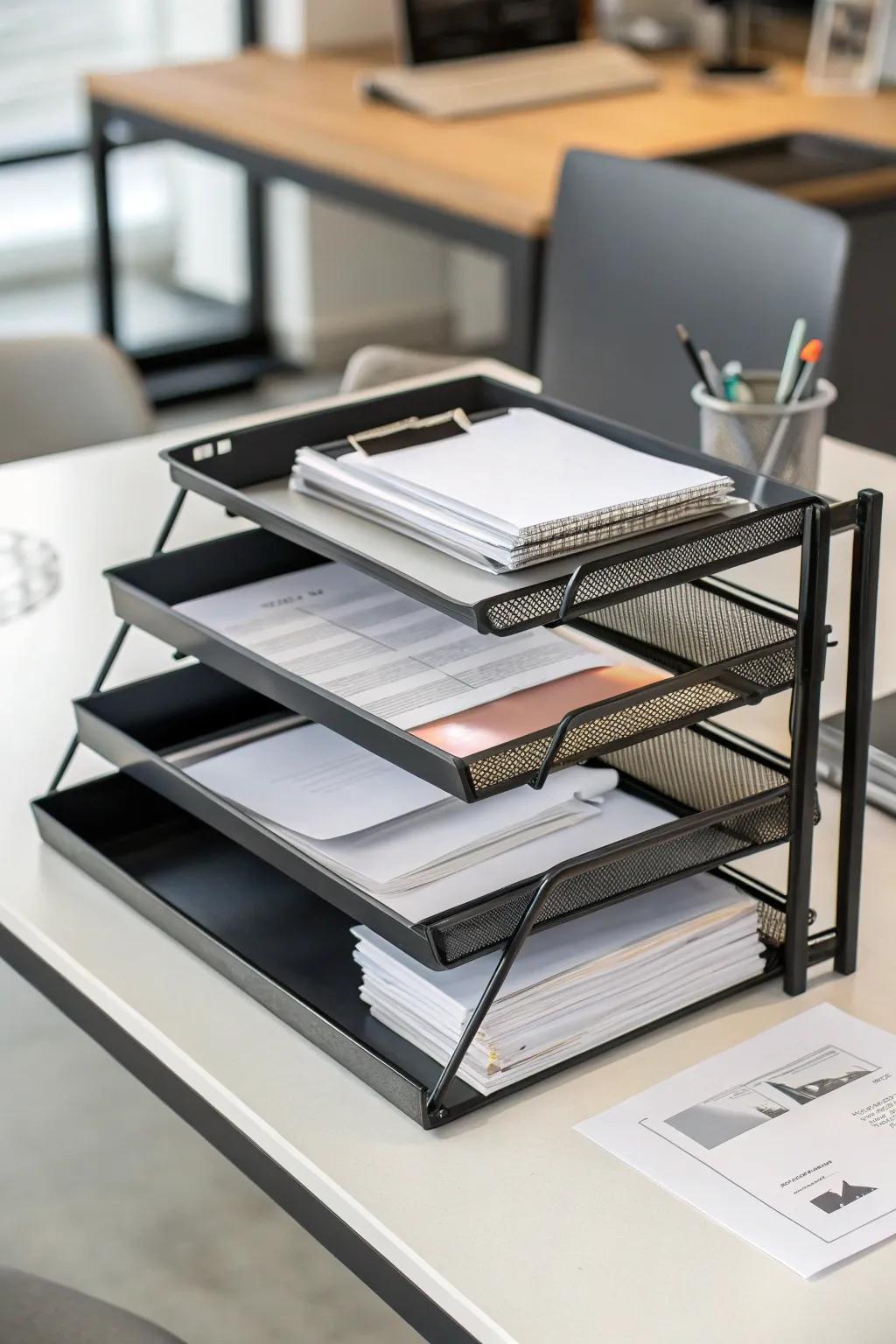 Tiered trays for a neat and easily accessible desk.