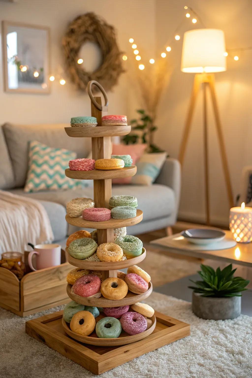 A delightful doughnut display that adds color and fun.