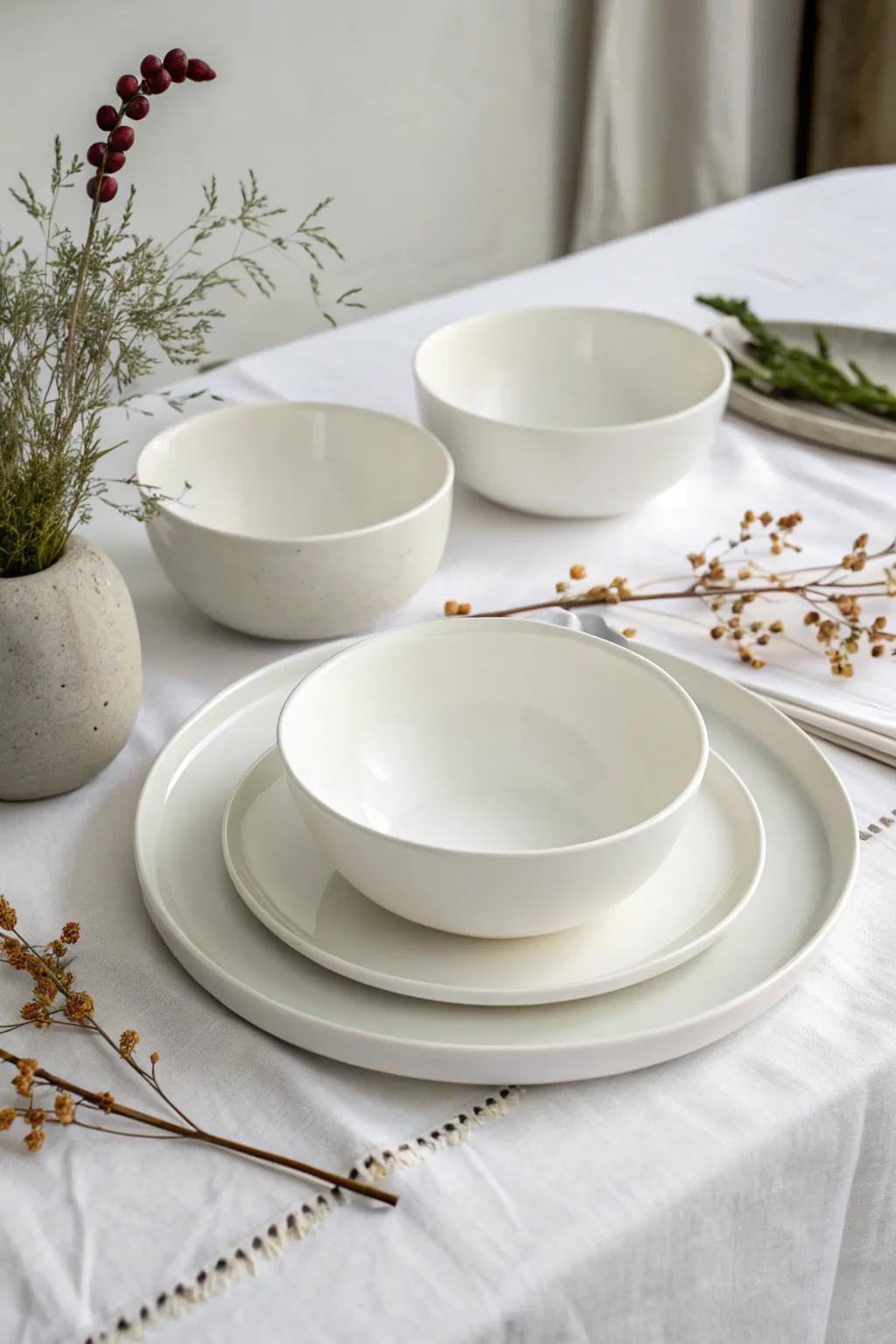 Minimalist tableware maintains the emphasis on sophistication.
