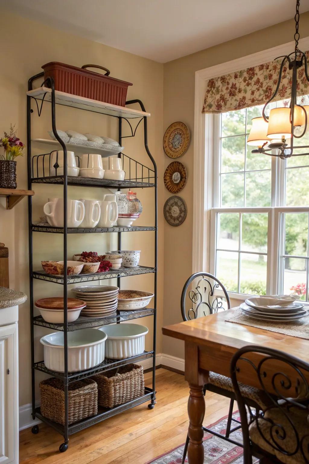 Baker's racks provide vertical storage, ideal for smaller dining rooms.