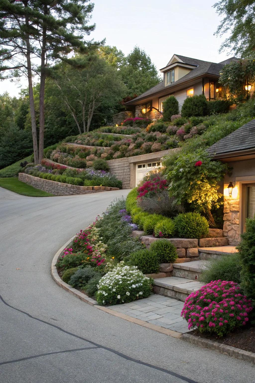 A tiered berm blueprint incorporates dimension to the driveway.