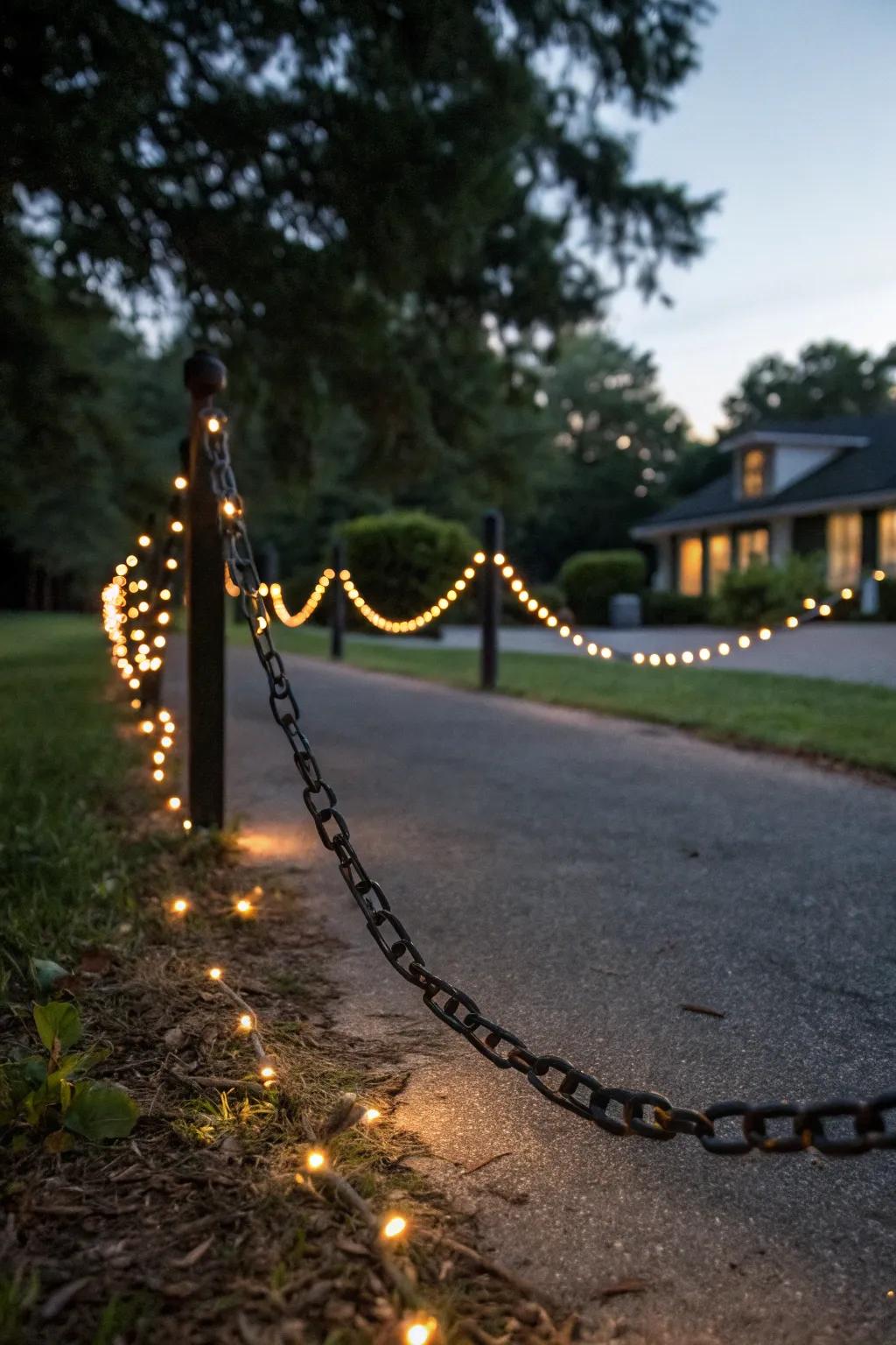 Solar luminaries on a cable impart a cozy radiance to any driveway.