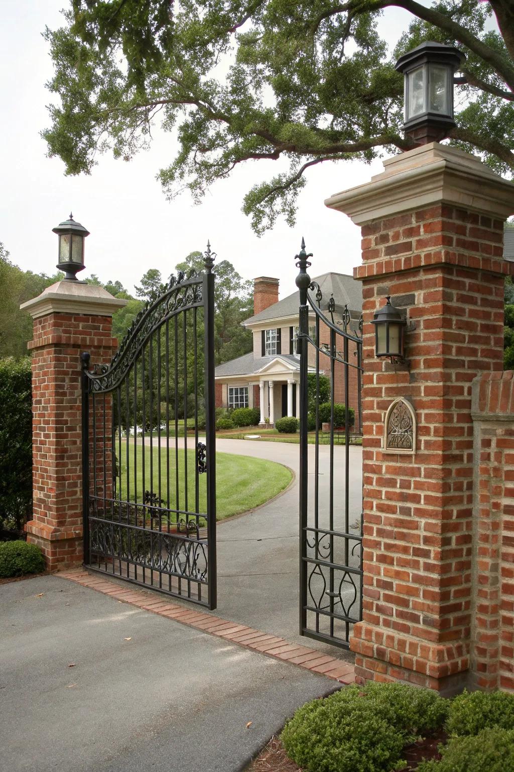 A classic brick and iron gate that stands the test of time.