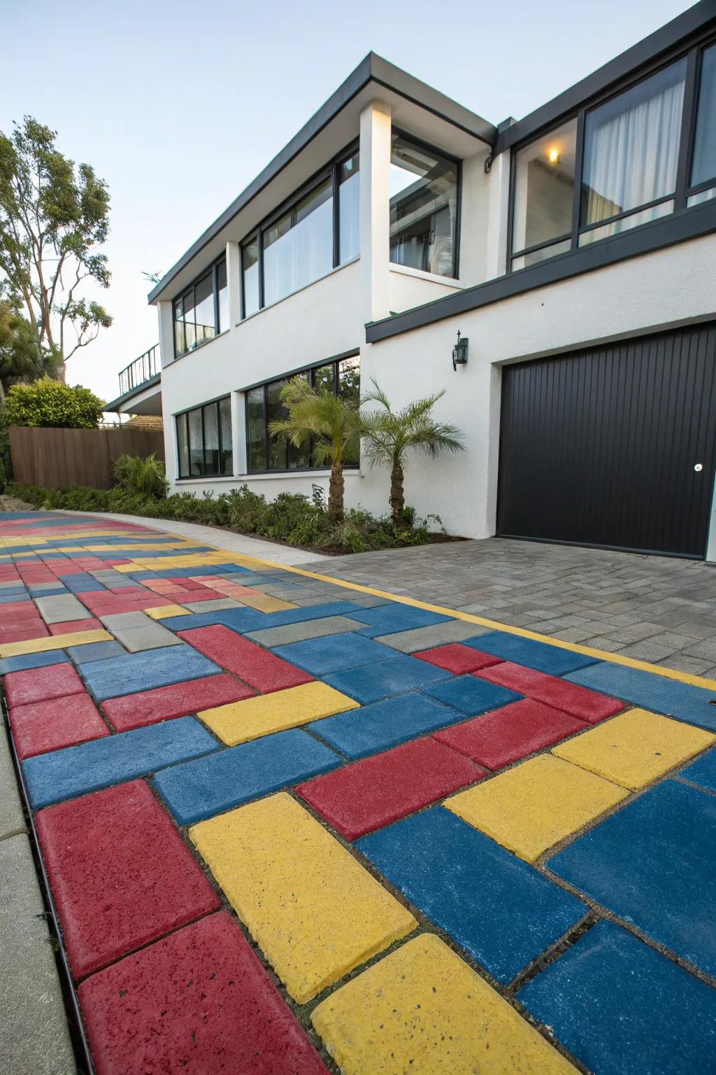 A driveway that stands out with vibrant, eye-catching paver colors.