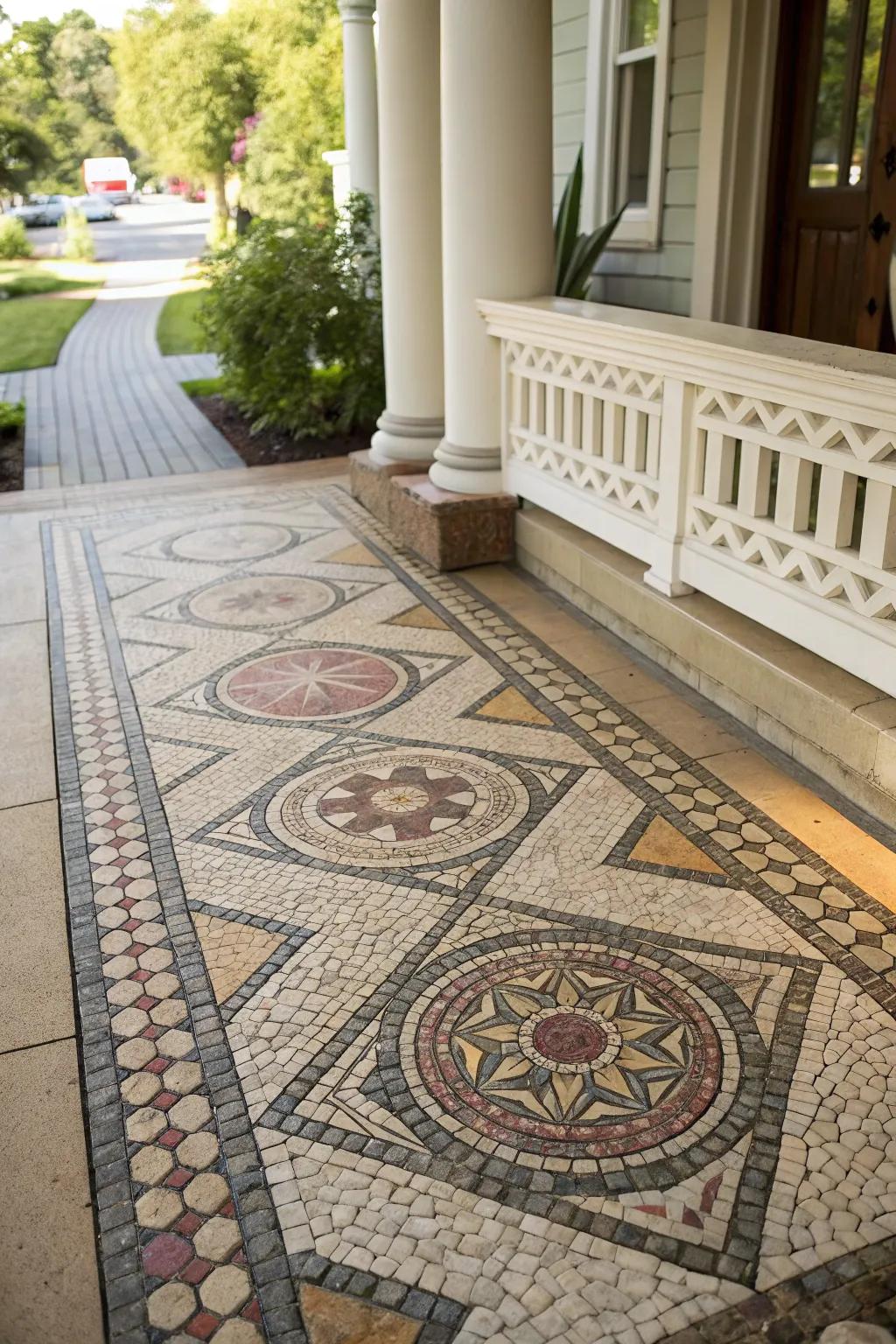 An artistic stone mosaic that adds unique flair to the porch floor.