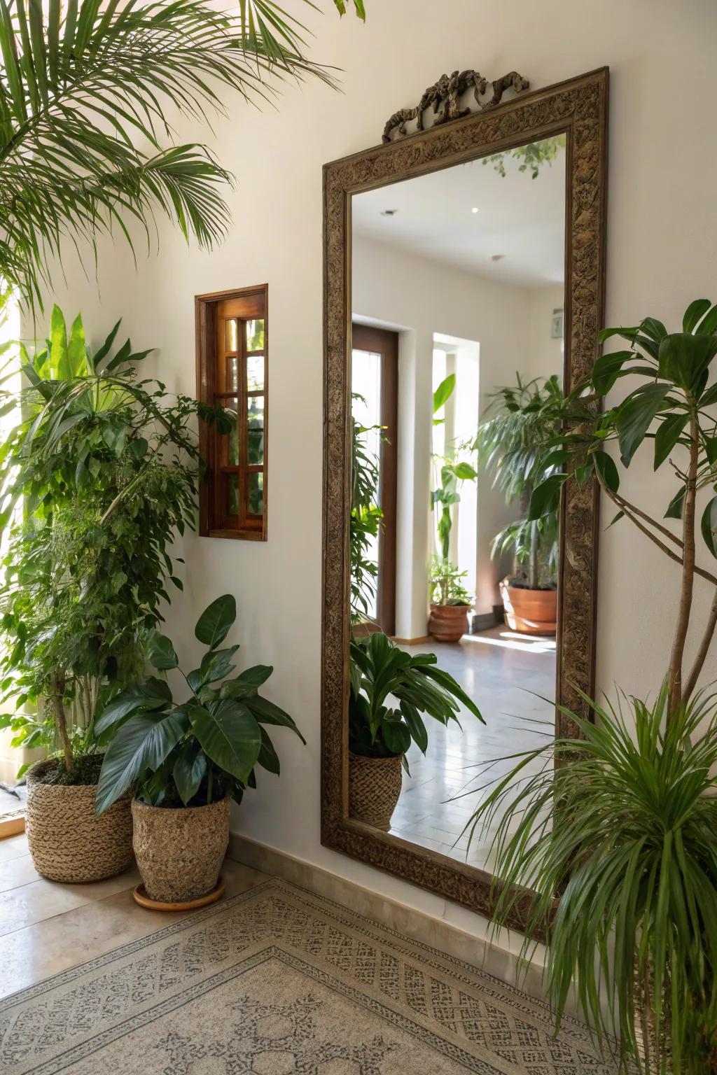 Bring nature indoors by complementing your entryway mirror with vibrant greenery.