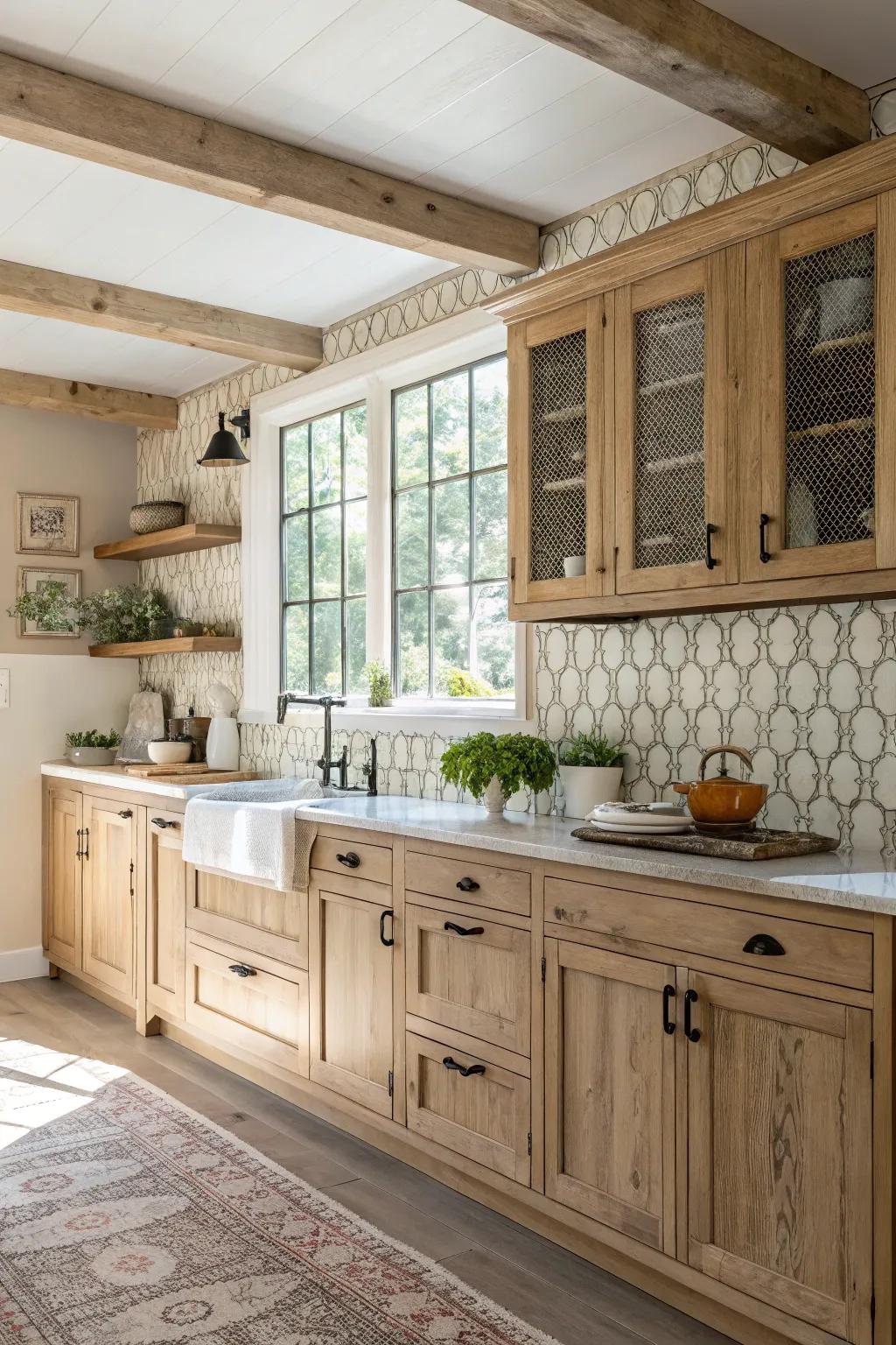 Textured backsplashes elevate the visual appeal of a kitchen featuring light wood cabinets.