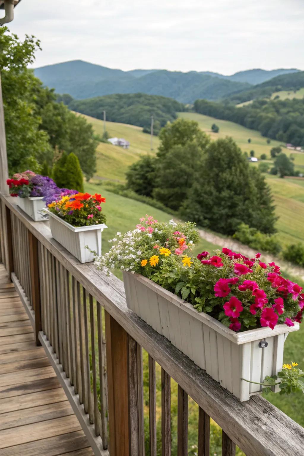 Blooming beauty: Planter boxes on deck railing.