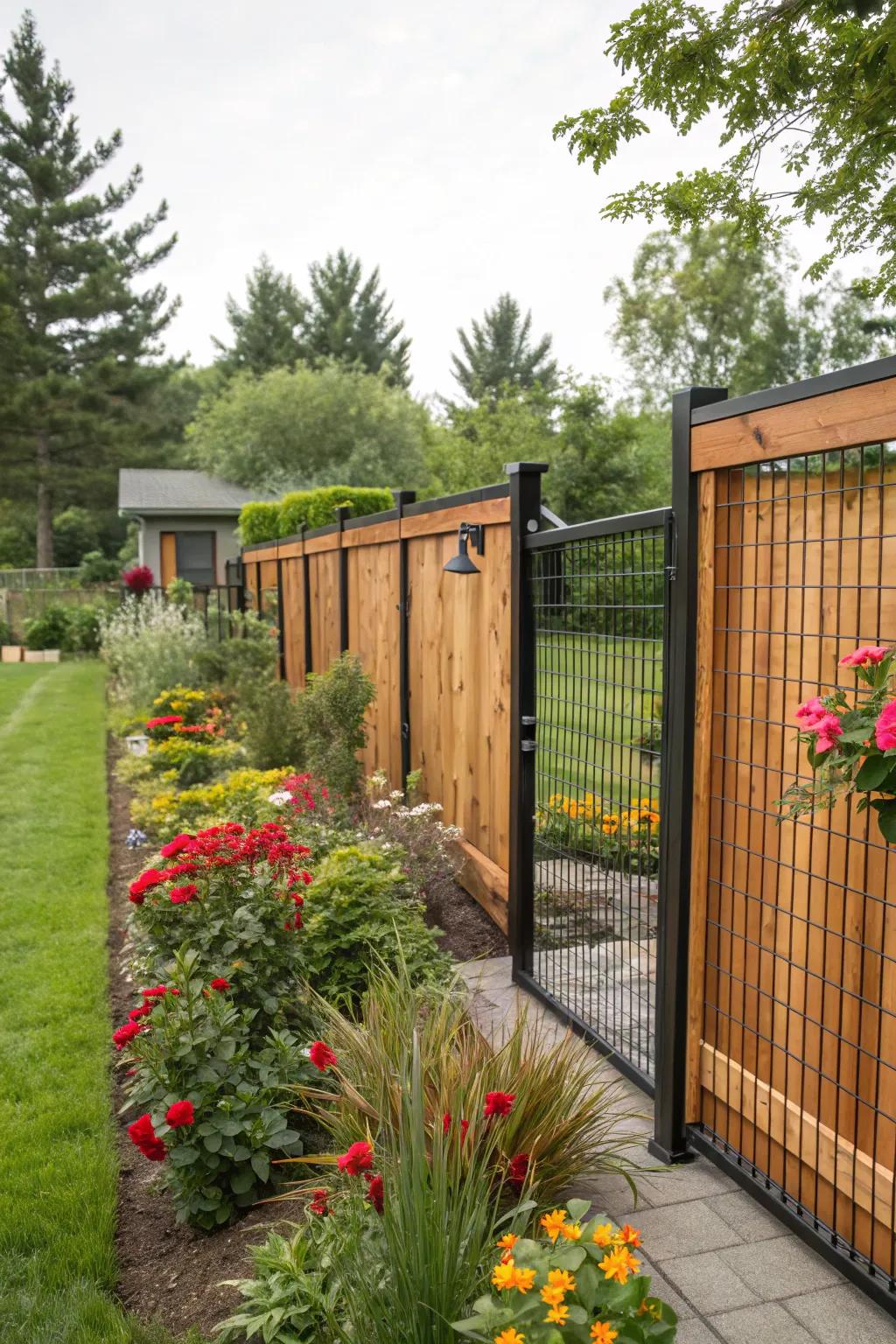 A mix of wood and metal materials creates a unique fence design.