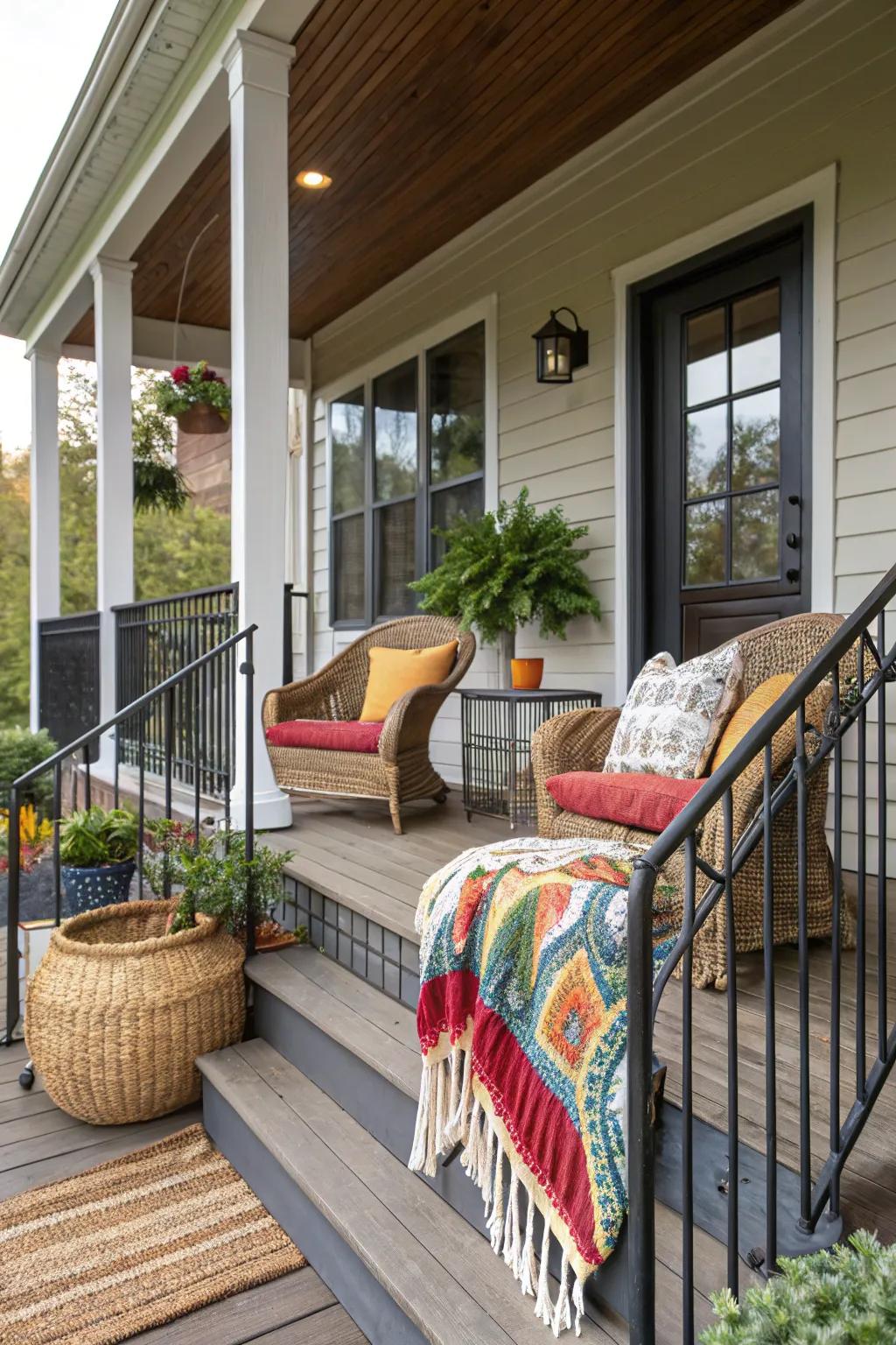 A front porch boasts an array of materials encompassing wicker, metal, and textiles.