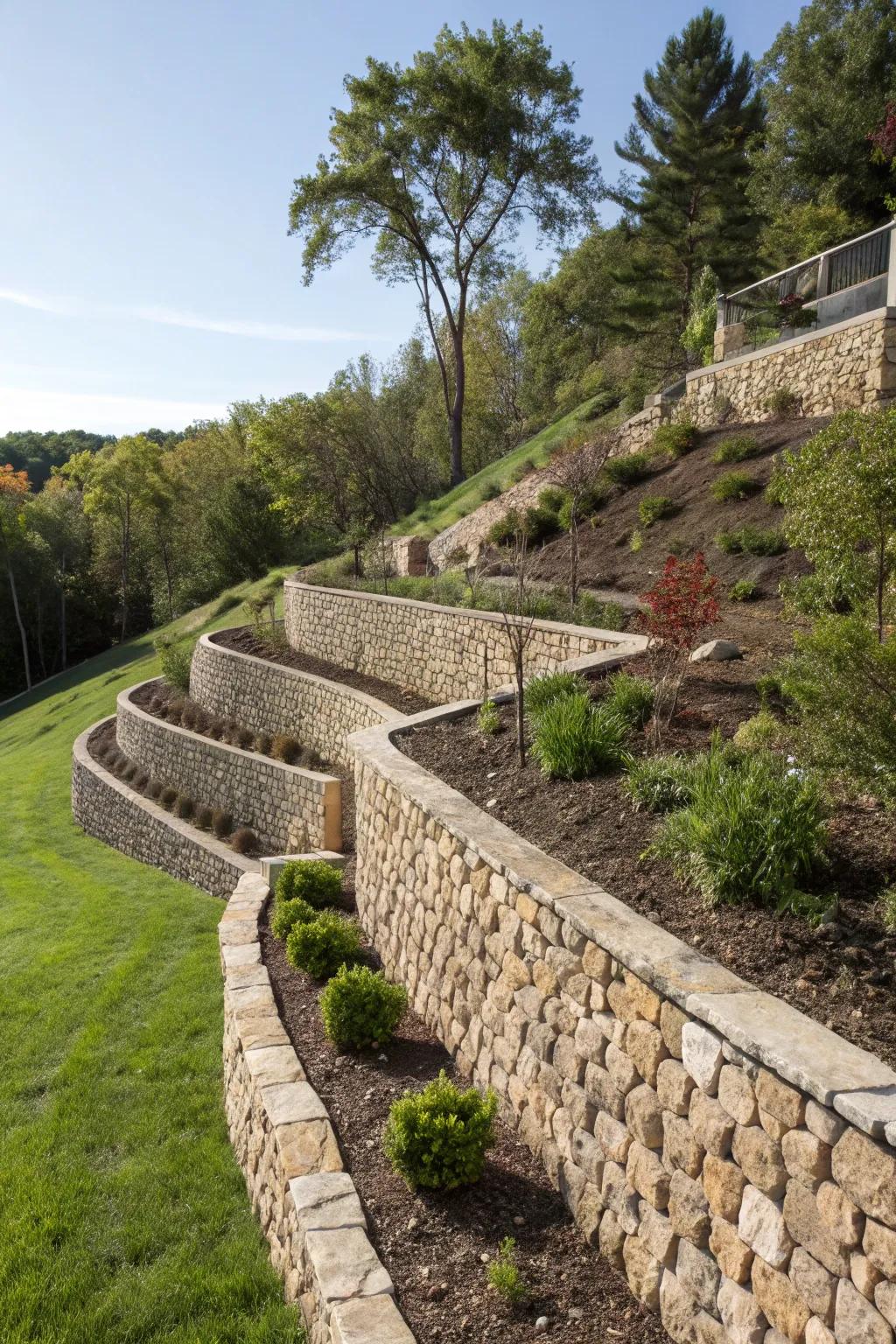 Retaining walls can be both functional and visually captivating.