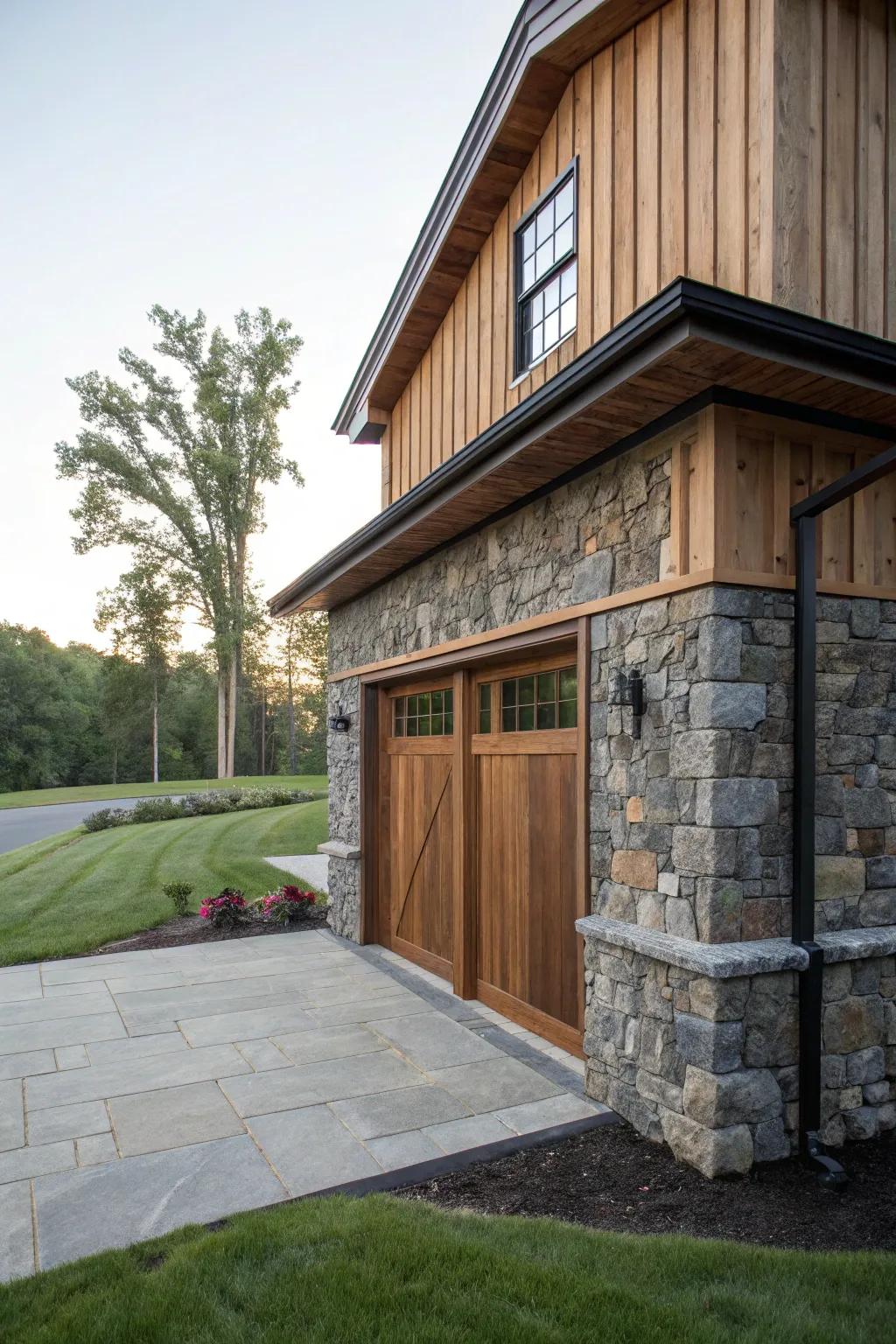 A garage featuring a sophisticated mix of stone and wood materials.