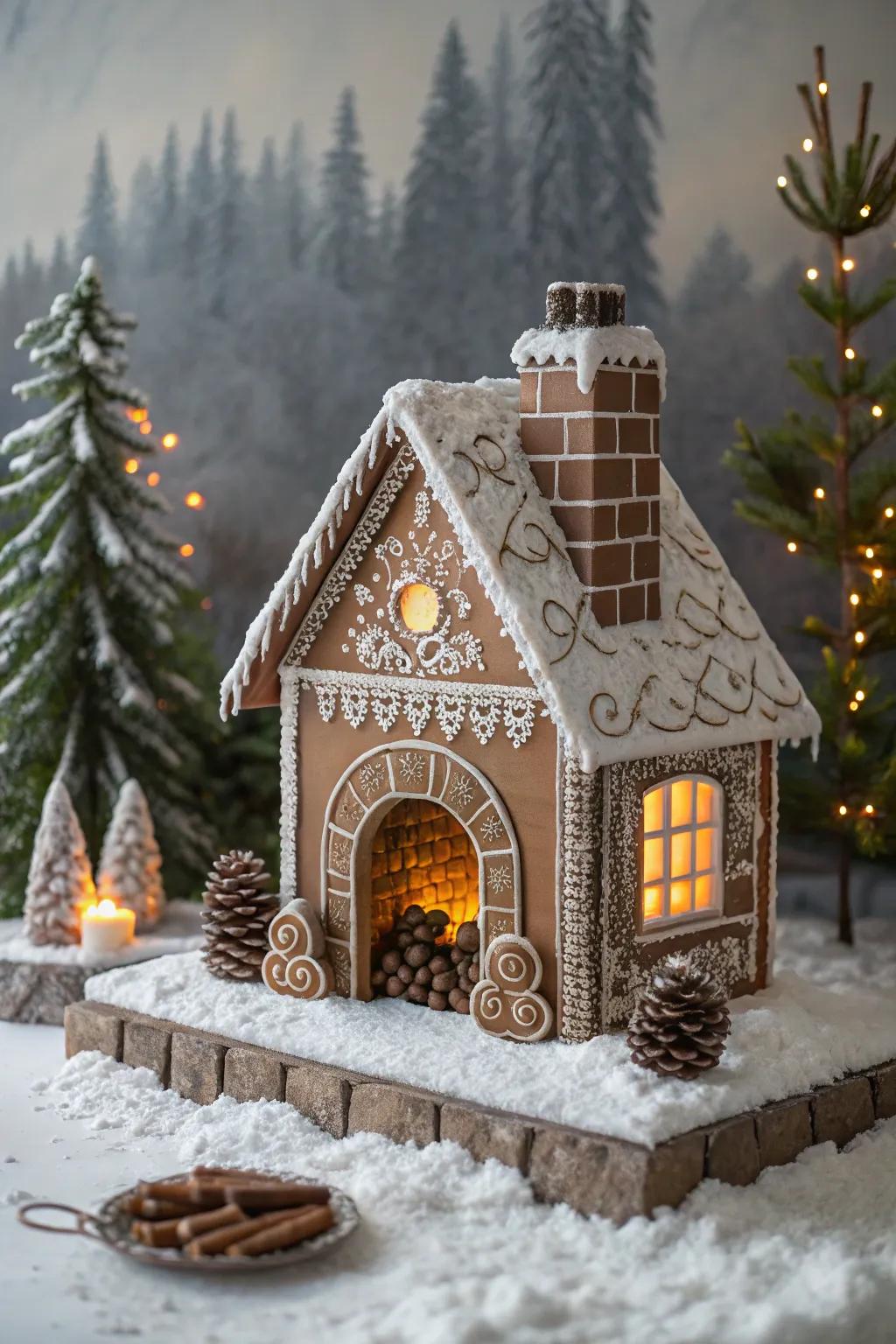 A cozy chocolate stone fireplace adds warmth to the gingerbread cabin.