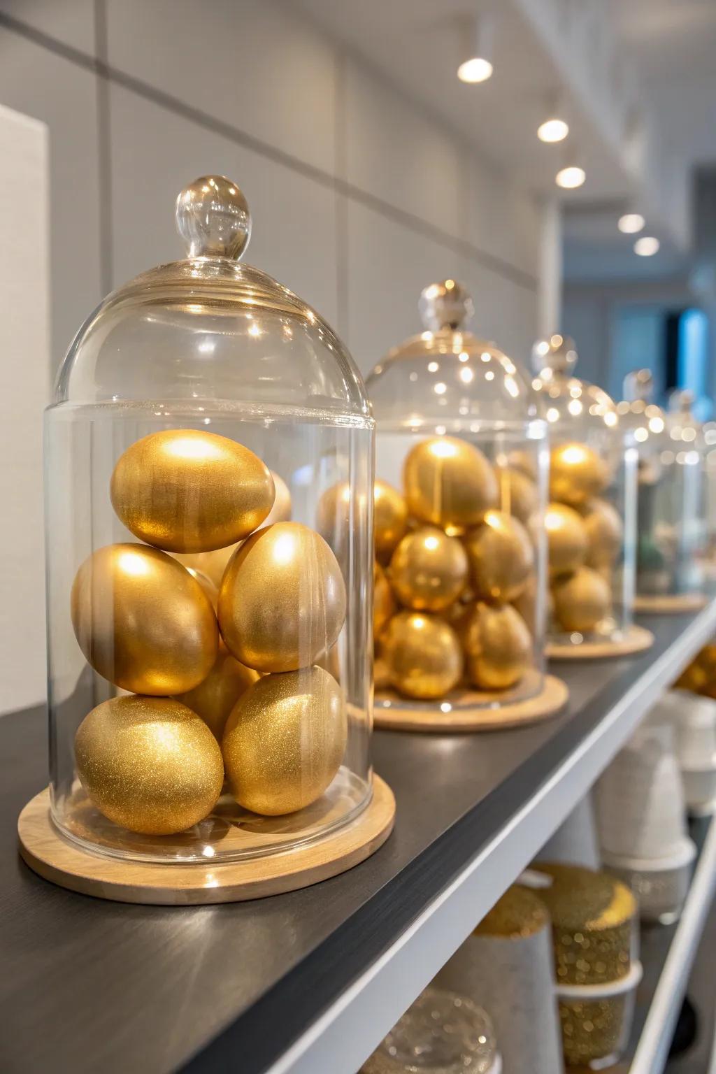 Golden eggs in glass jars add a touch of modern elegance to your decor.