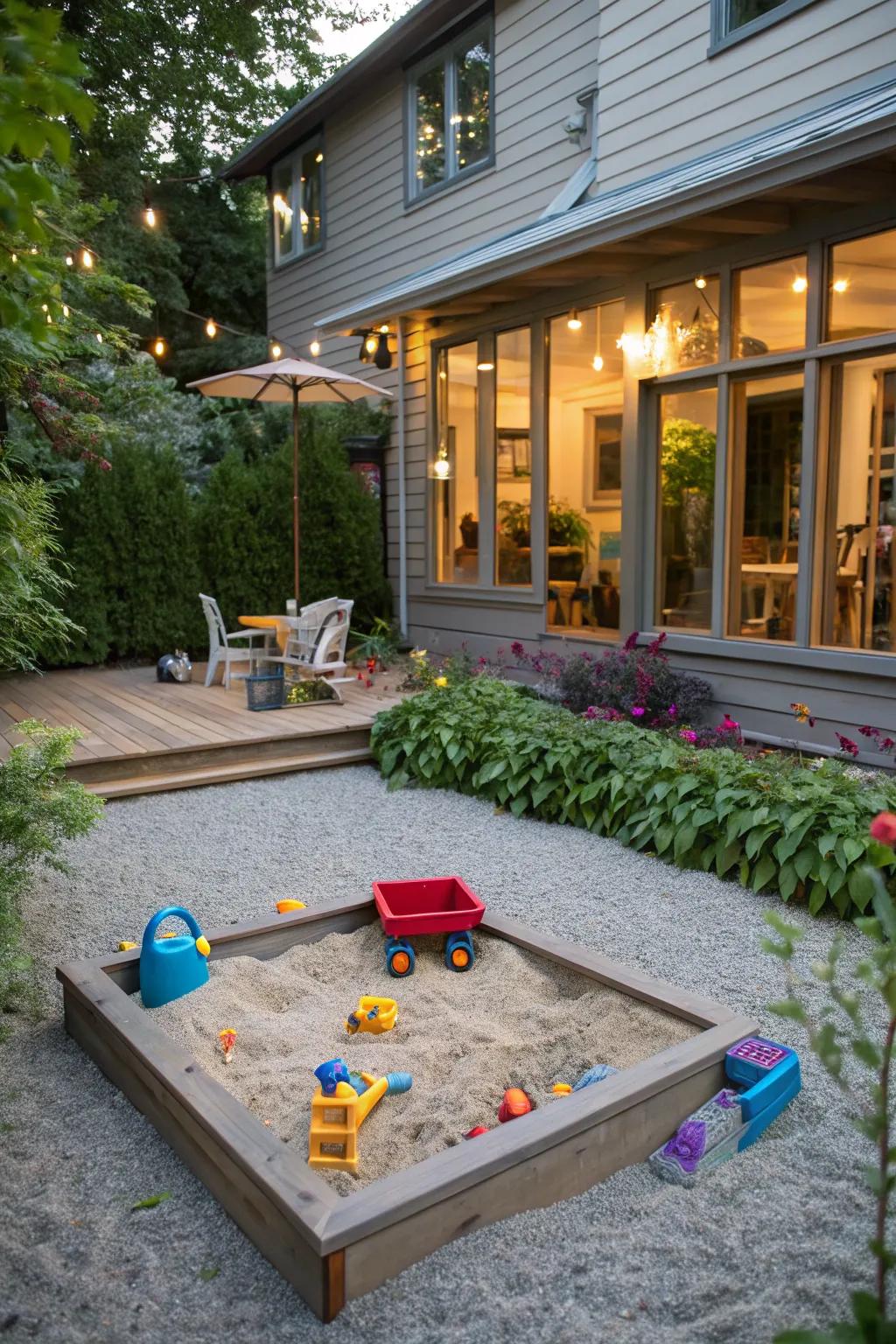 A family-friendly gravel patio with a designated children's play area.