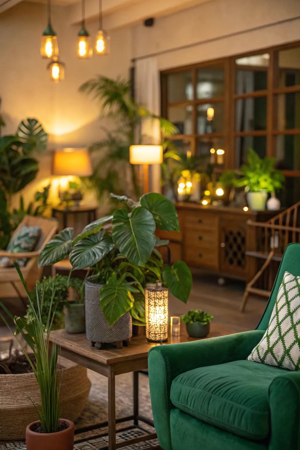 Warm lighting highlights the green decor beautifully.