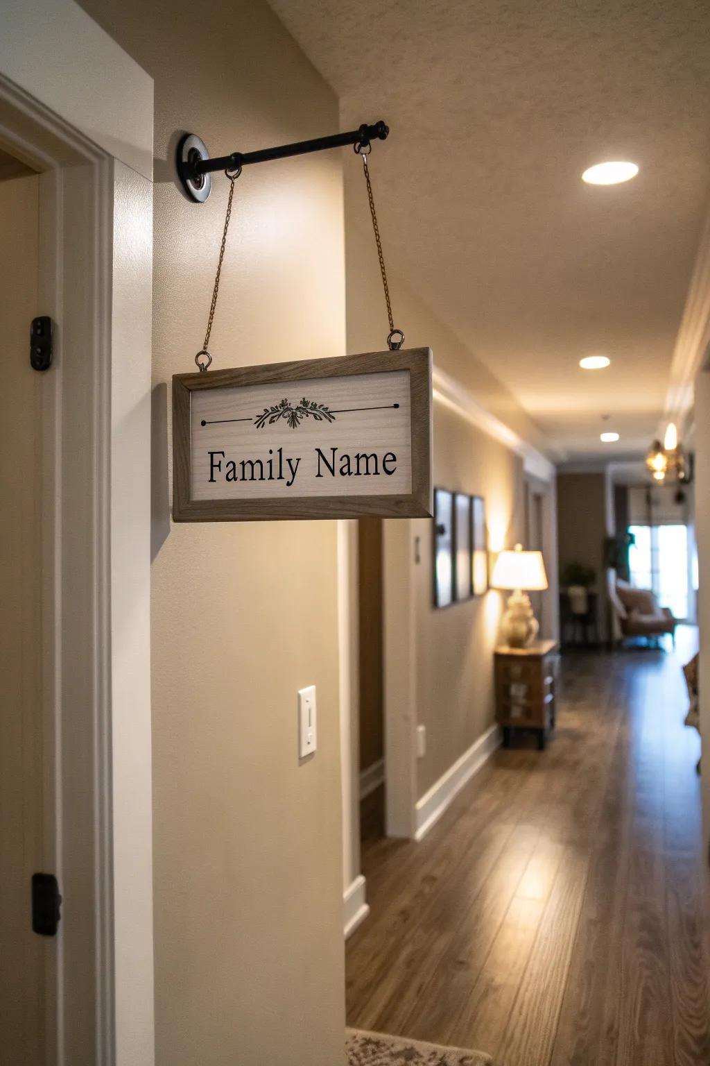 A family name sign that adds a personal touch to a welcoming hallway.