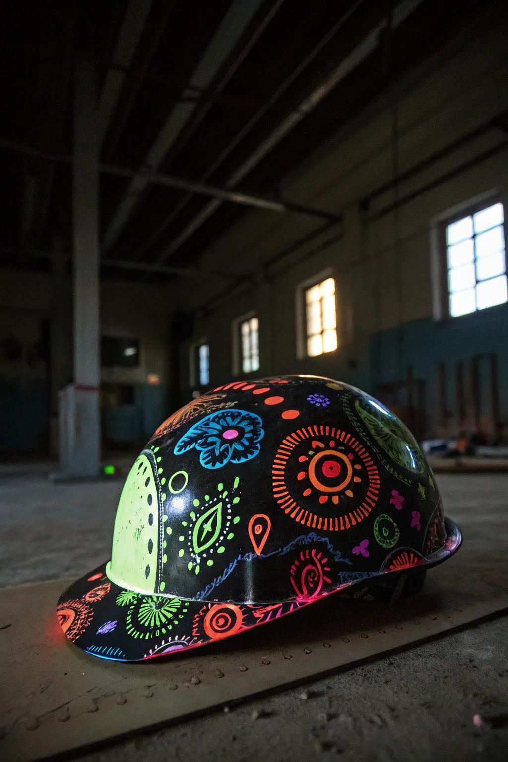 A hard hat that shines brightly with glow-in-the-dark creativity.