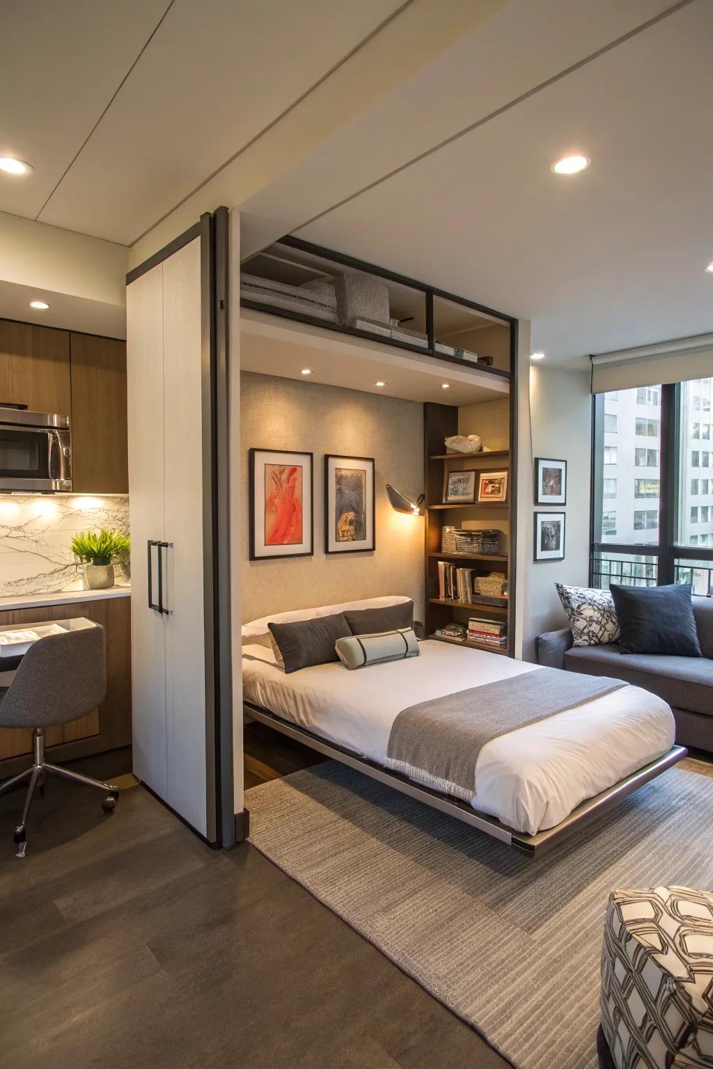 An elegant studio apartment with a Murphy bed creating a cozy sleeping nook.