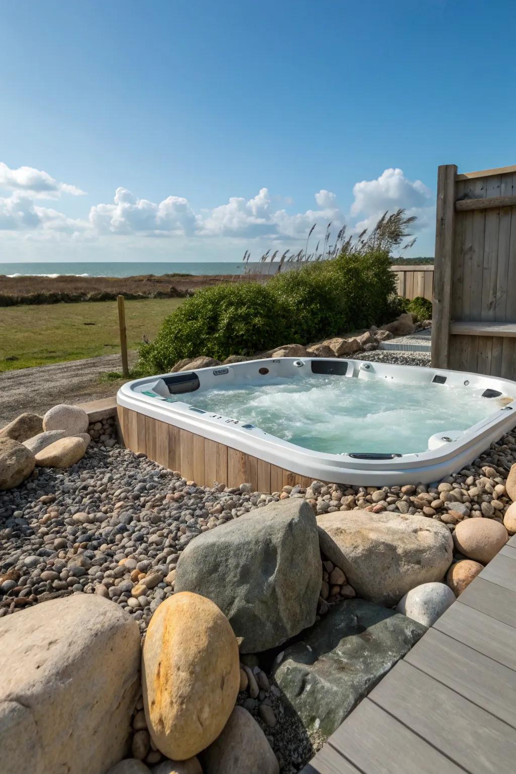 Natural rocks fashion a serene and cohesive hot tub setting.