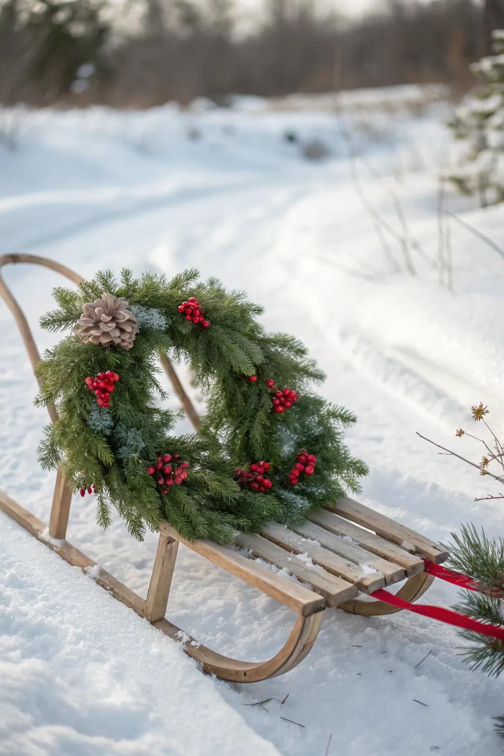 A festive sled with a decorative wreath