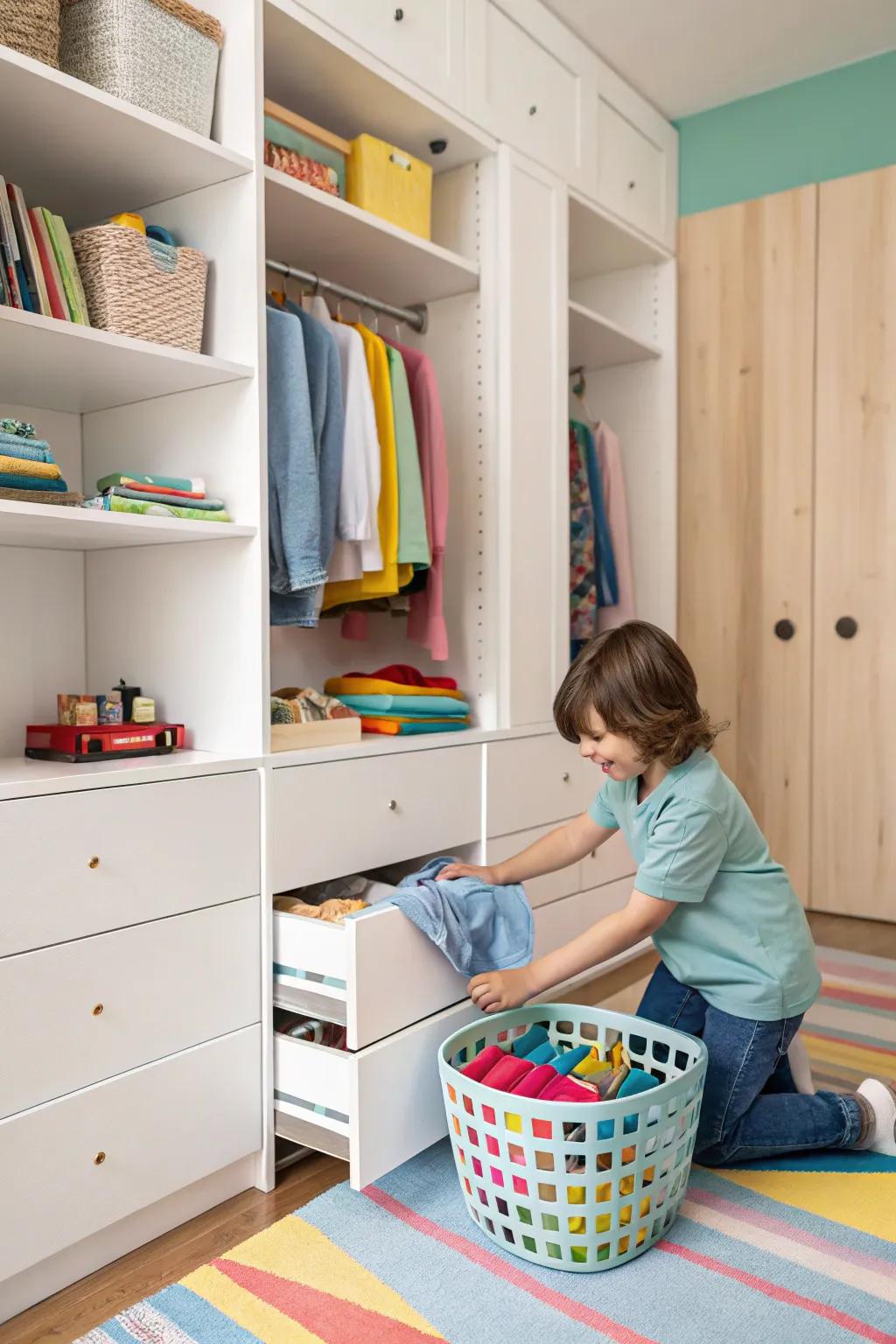 Getting kids involved in arranging their personal clothing.