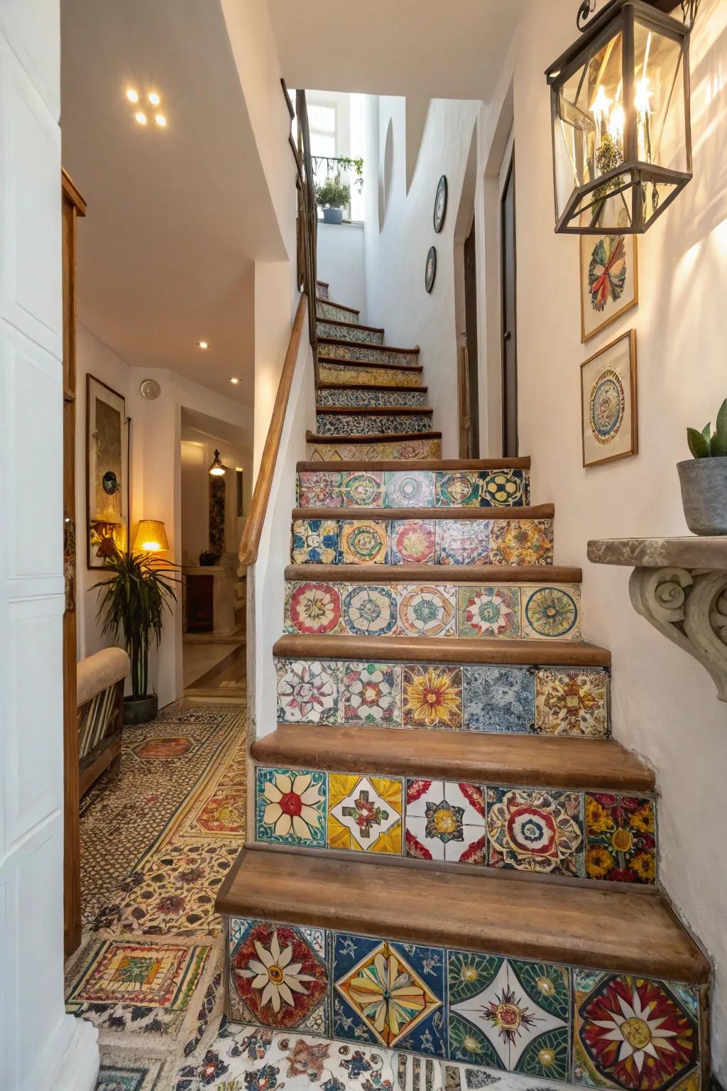 Create an impression with eclectic mosaic square stairs.
