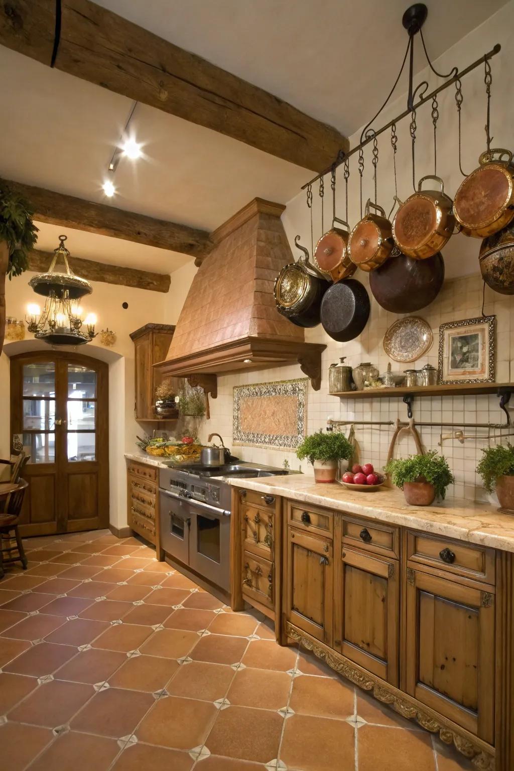 Functional decor like hanging pots adds rustic charm.