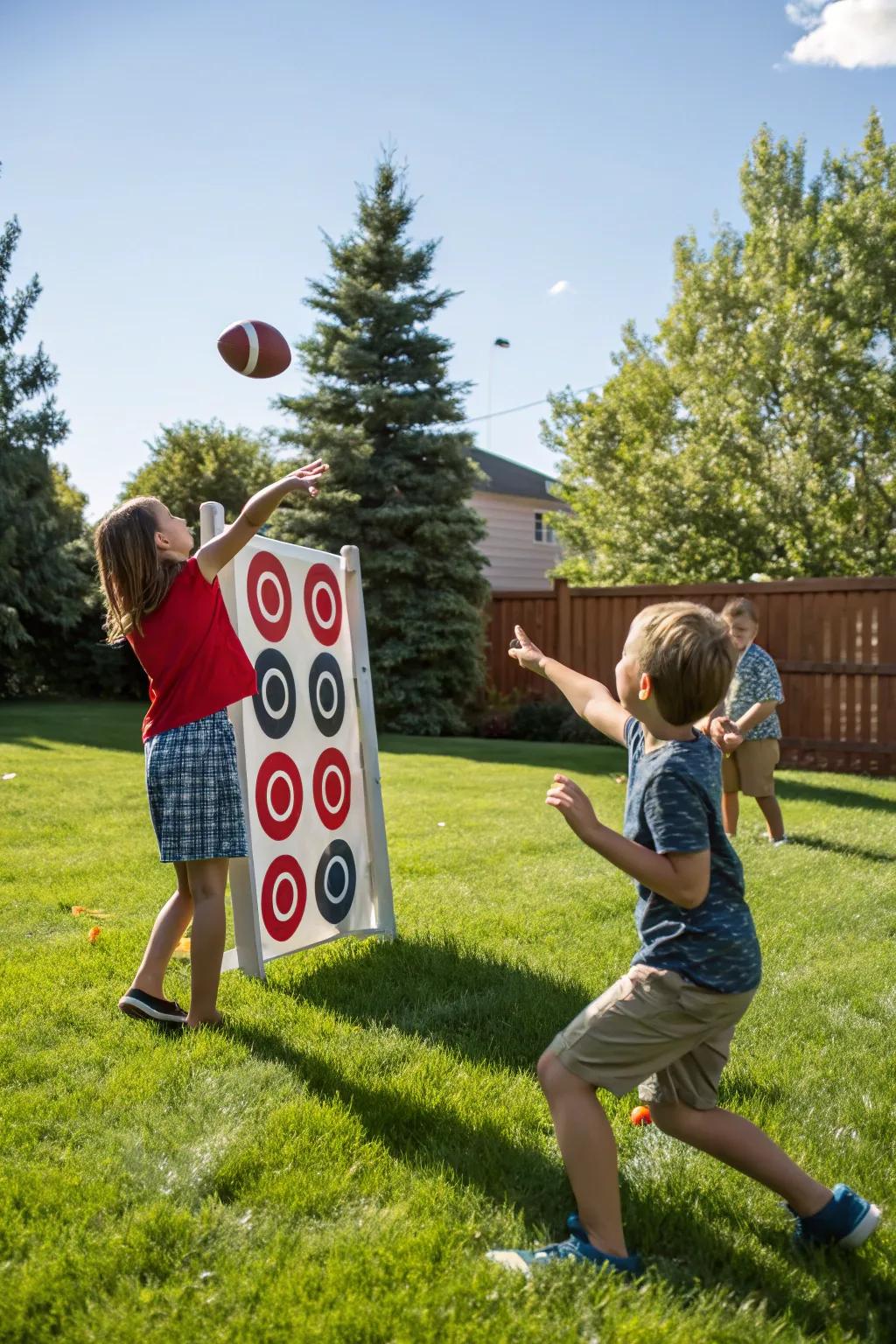 Kids enjoying a football toss game in the backyard.