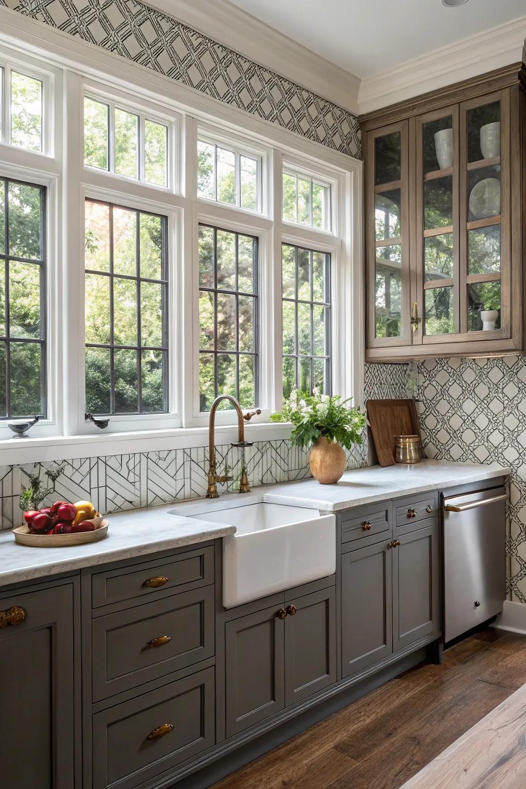 A harmonious blend of traditional window frames within a modern backsplash setting.