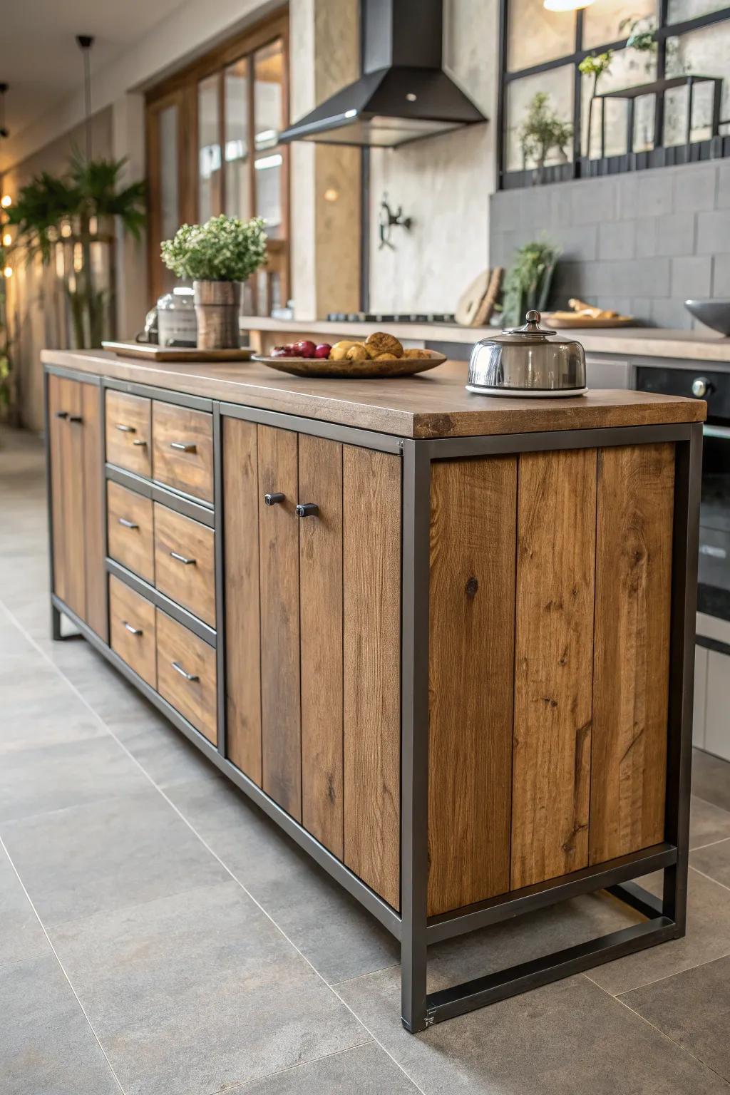A mixed-substance sideboard enriches the culinary space with texture and profundity.