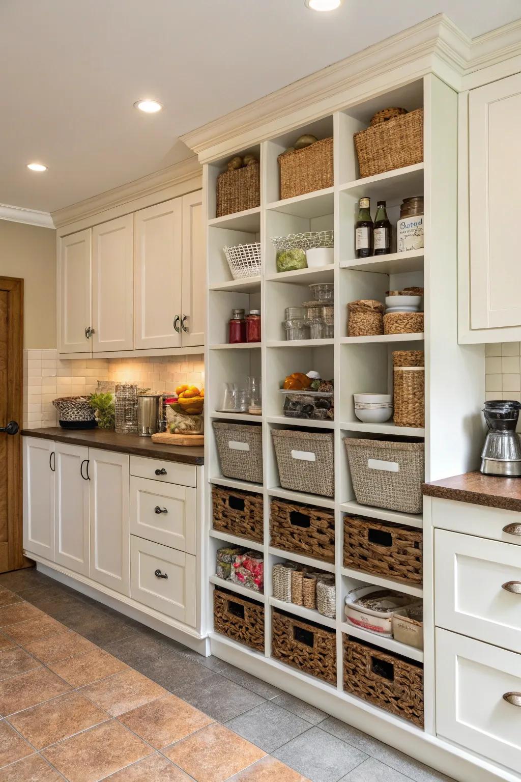 A soffit transformed into storage cubbies, enhancing functionality and organization.