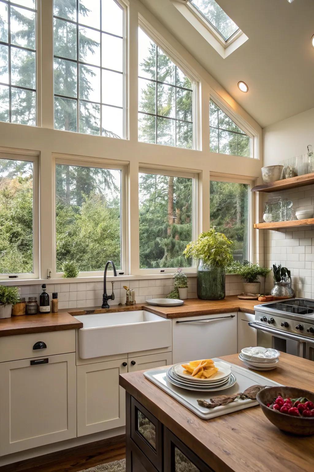 A kitchen filled with light from high clerestory windows.