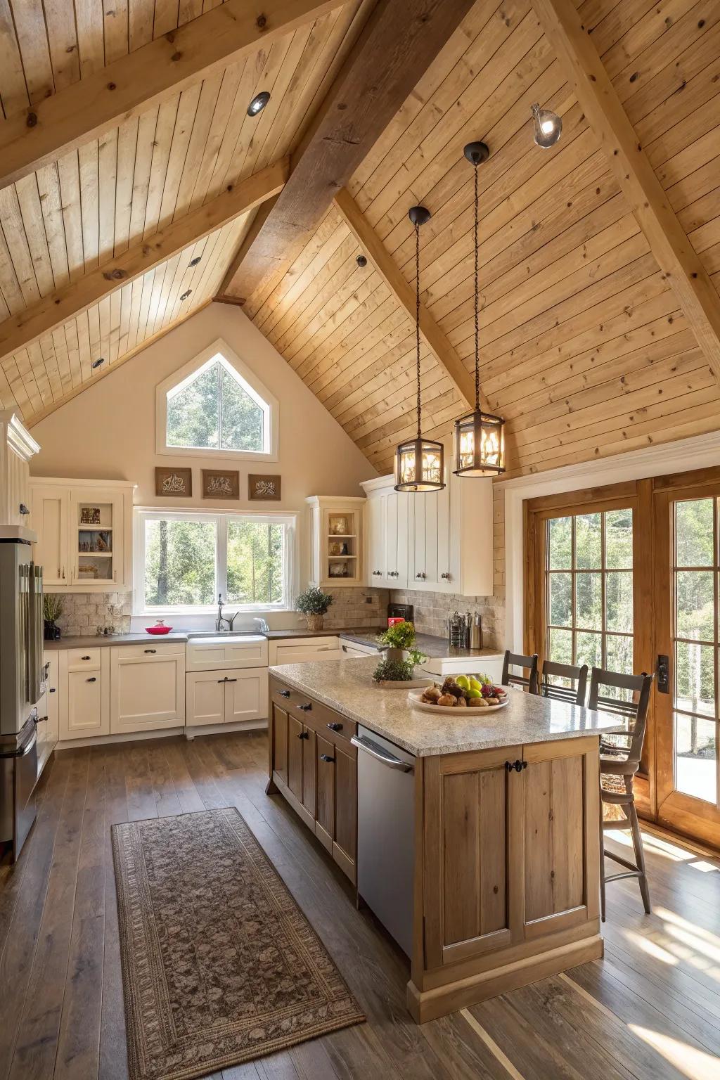 Textured wood ceilings add depth to this warm and inviting kitchen.