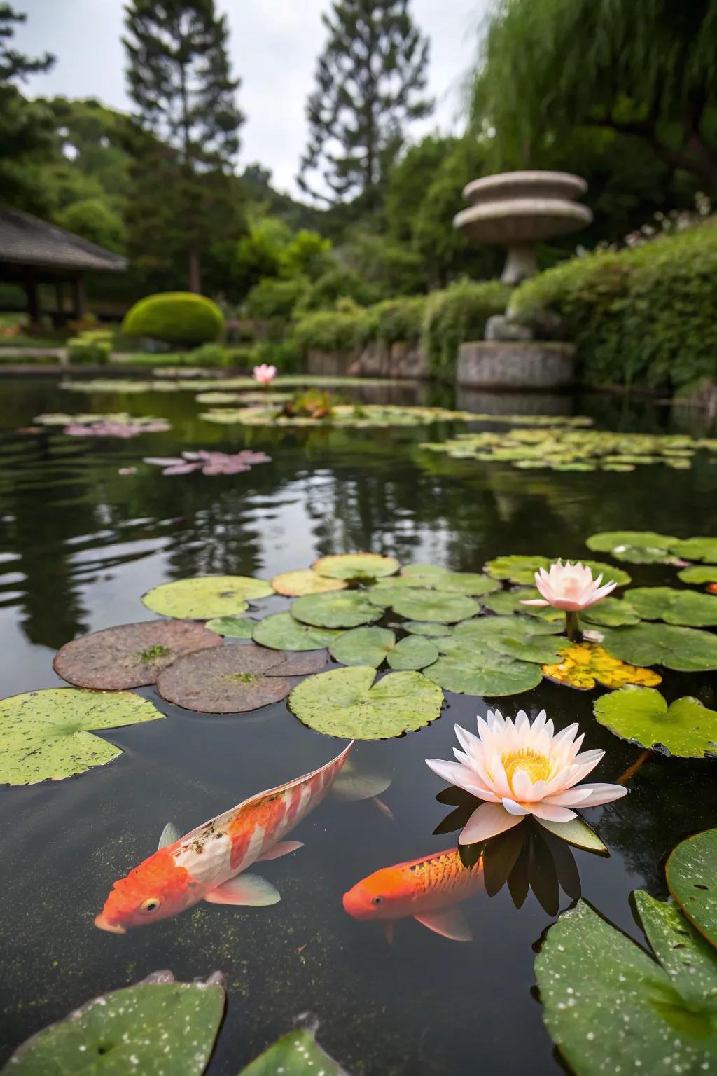 A koi pond with water lilies forming a natural canopy.