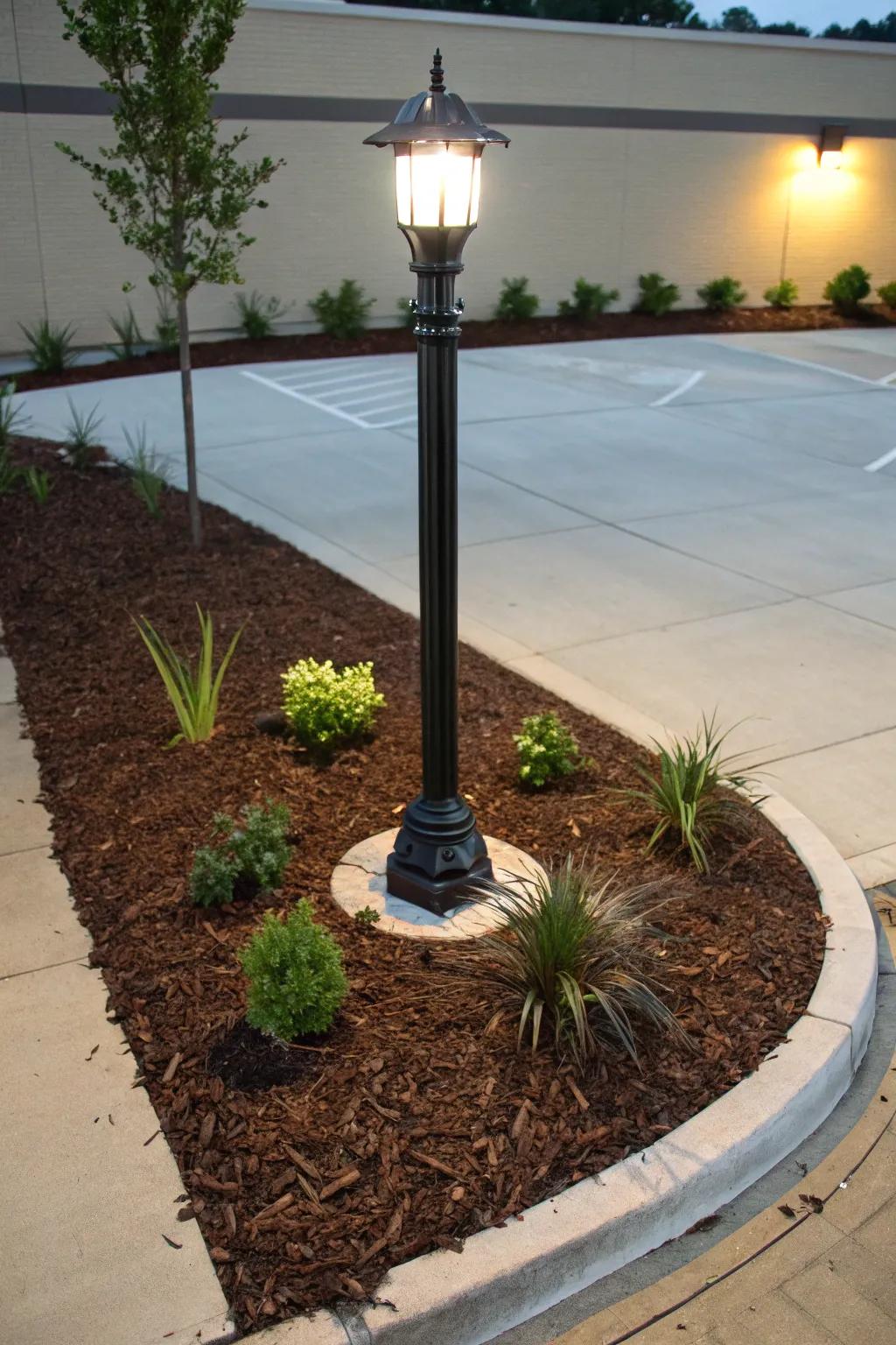 A minimalist approach with mulch around a lamp post.