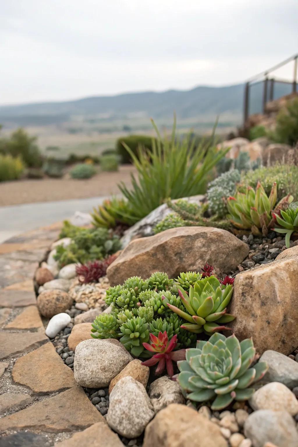 Rock gardens with artificial plants offer timeless beauty.