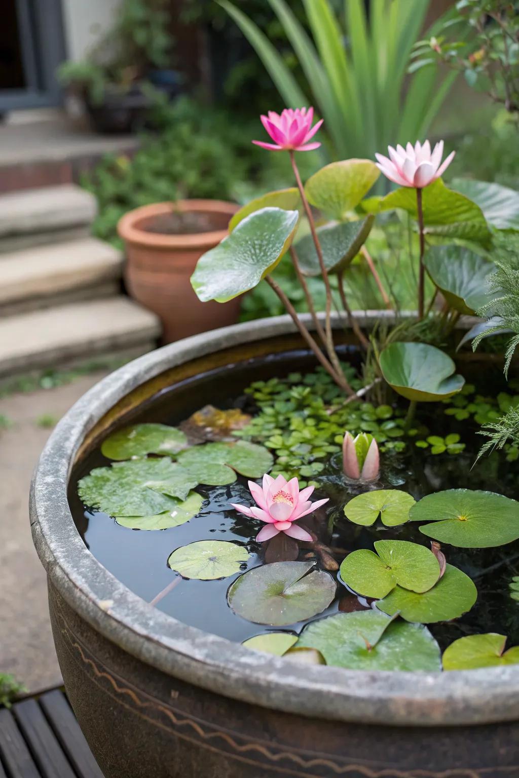 A tranquil water garden crafted from a simple pot.