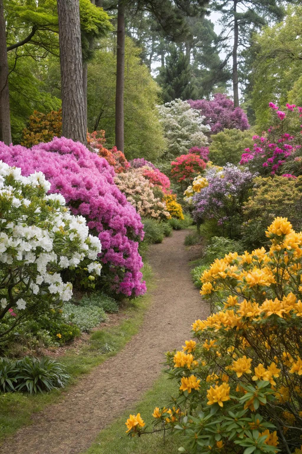 A garden of rhododendrons enhanced with seasonal blooms.