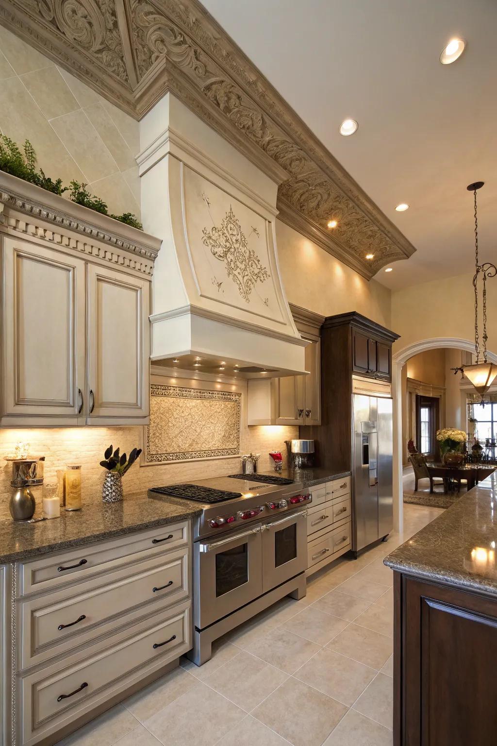 A kitchen featuring large crown molding, adding elegance to its functional design.