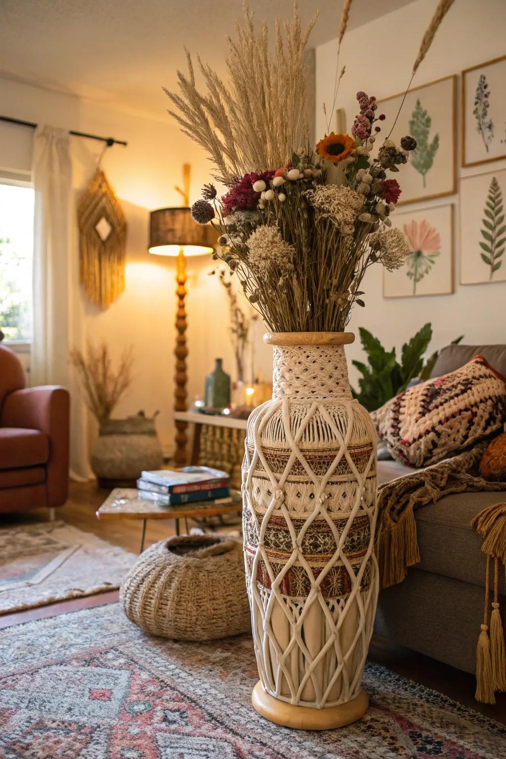 Macramé adds a bohemian flair, transforming a simple vase into a stylish decor element.